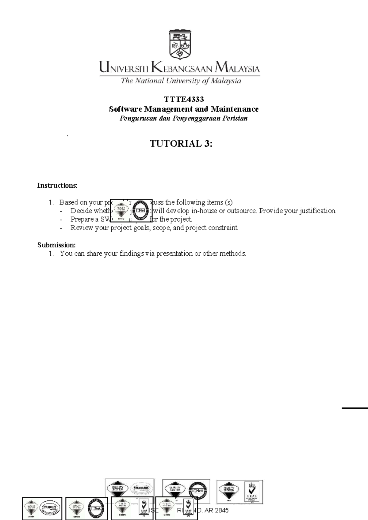 TTTE4333- Tutorial 3 - ooooo - MS ISO 9001 REG NO. AR 2845 TTTE ...