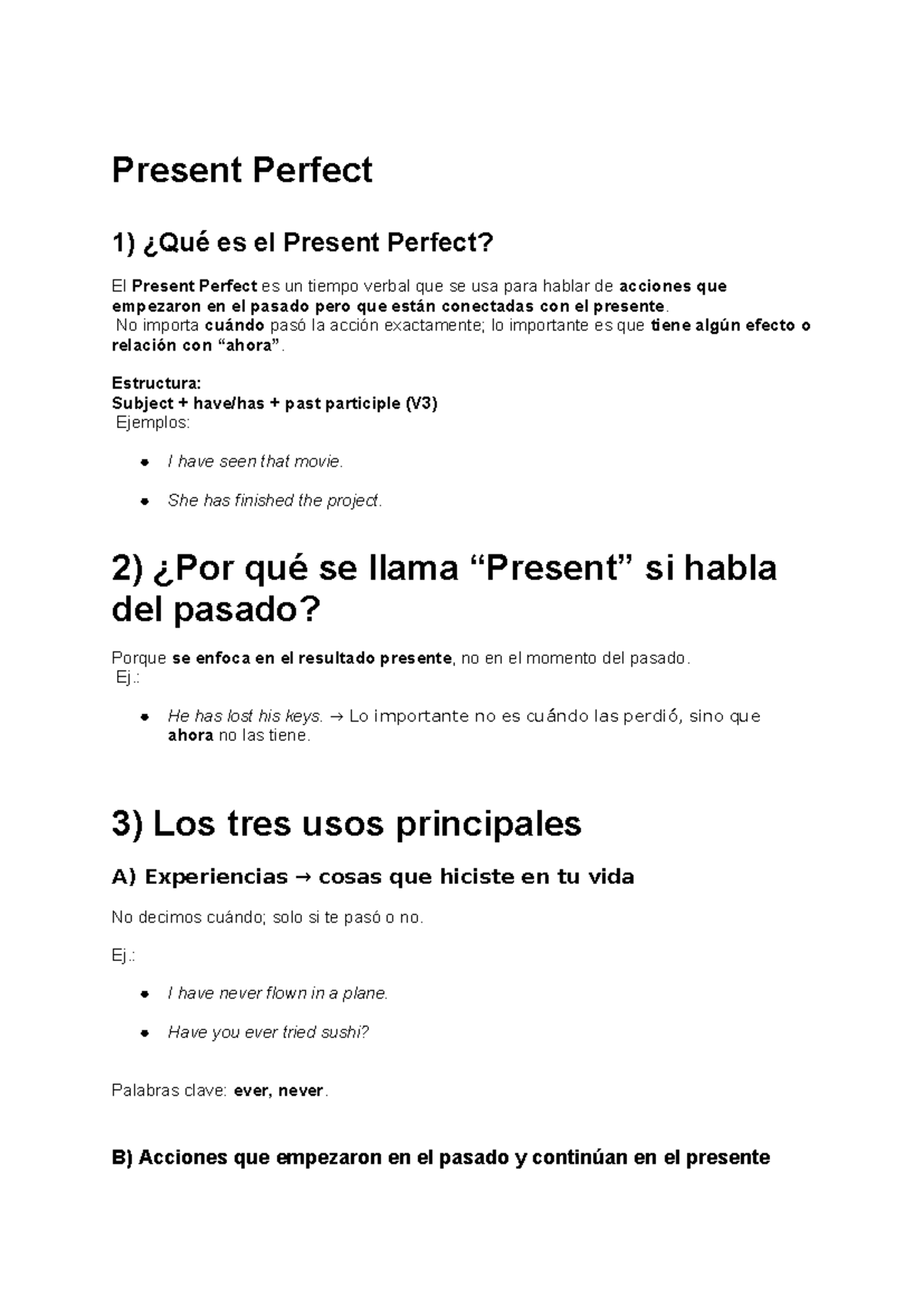 Present Perfect: Estructura, Usos y Ejemplos Clave - Studocu