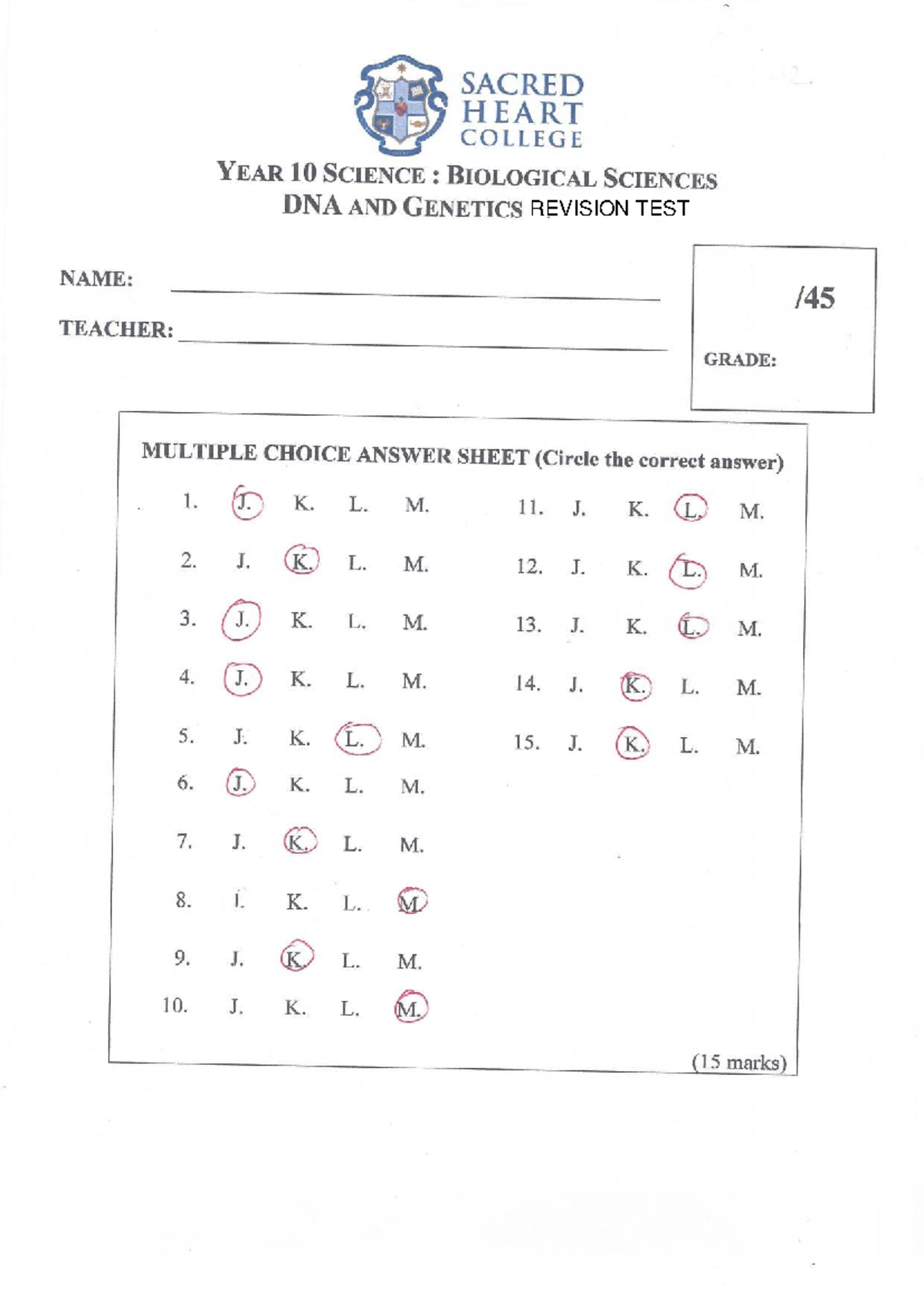 Year 10 Science: DNA and Genetics Revision Test - Studocu
