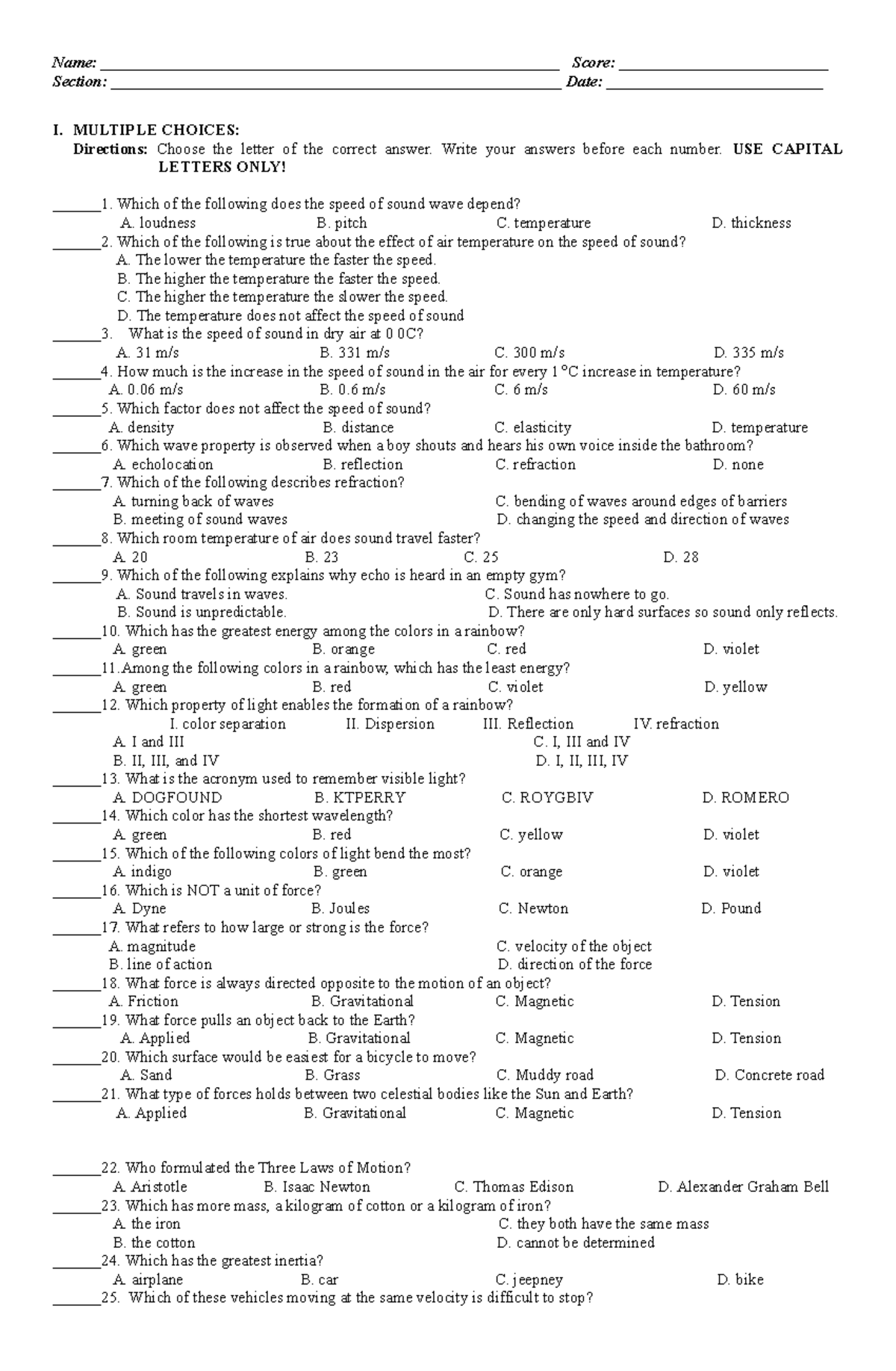 Grade 8 Science First Quarter Exam Questions & Answers - Studocu