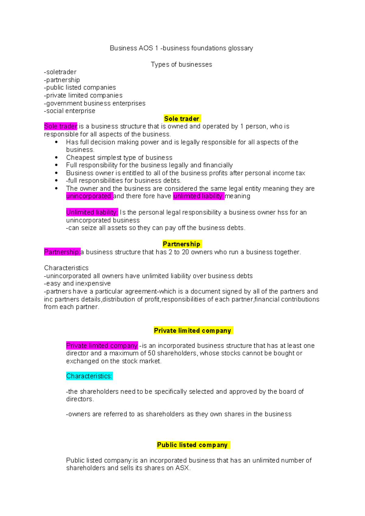 Business AOS 1: Glossary of Business Structures and Objectives - Studocu