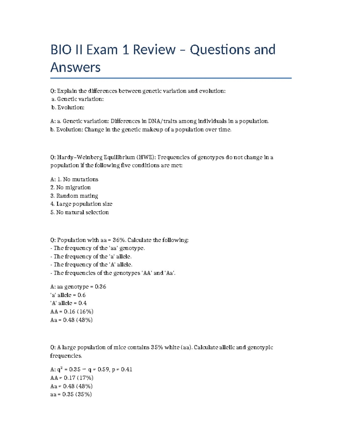 BIO II Exam 1 Review: Key Concepts and Answers - Studocu