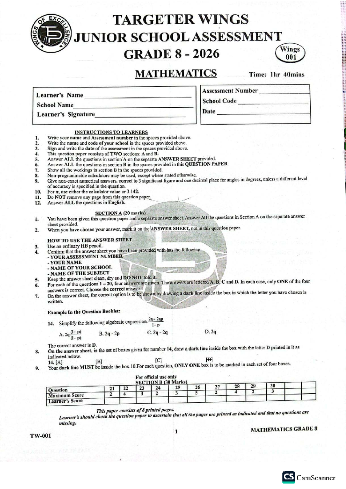 Mathematics Grade 8 Assessment 2026 - Targeter Wings 001 - Studocu