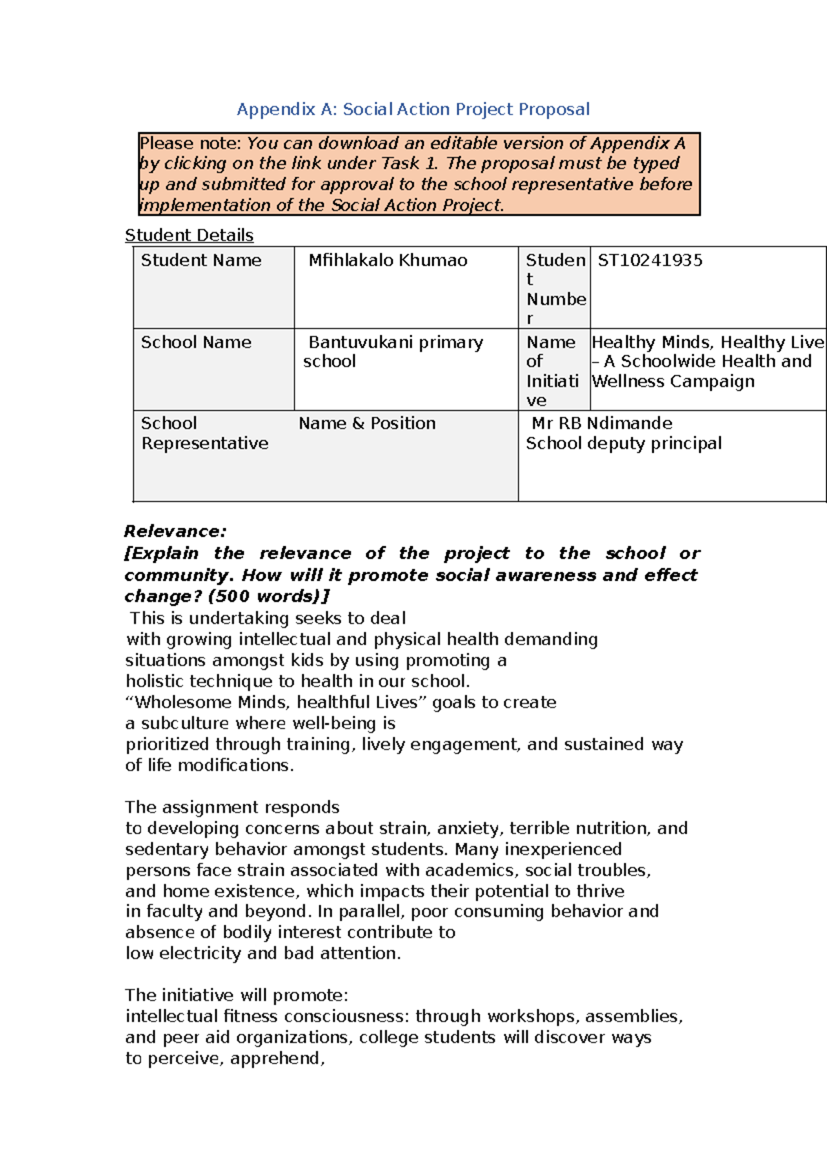 ST10241935: Social Action Project Proposal for Healthy Minds Initiative ...