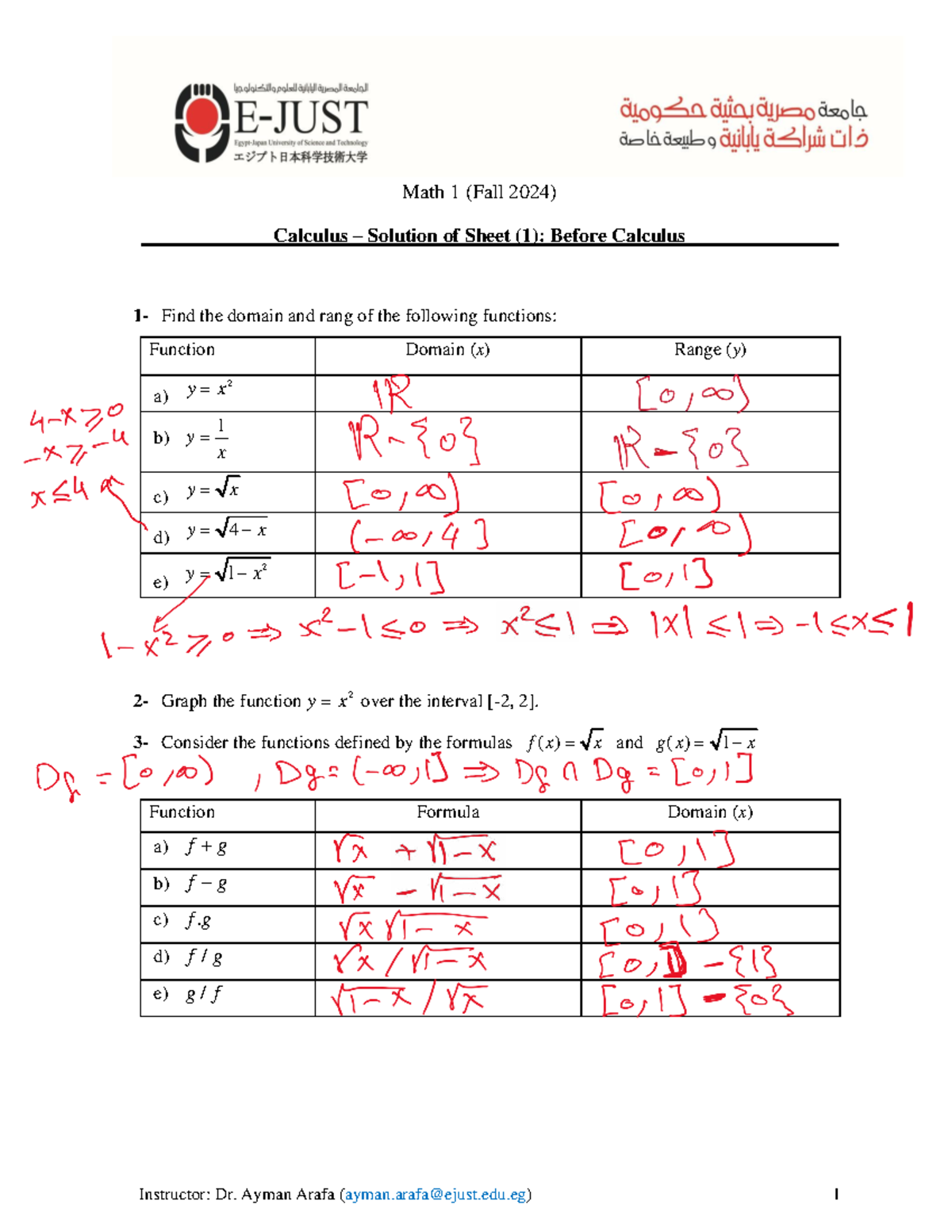 Math 1 (Fall 2024) Calculus Assignment 1 Solutions: Domain & Range ...