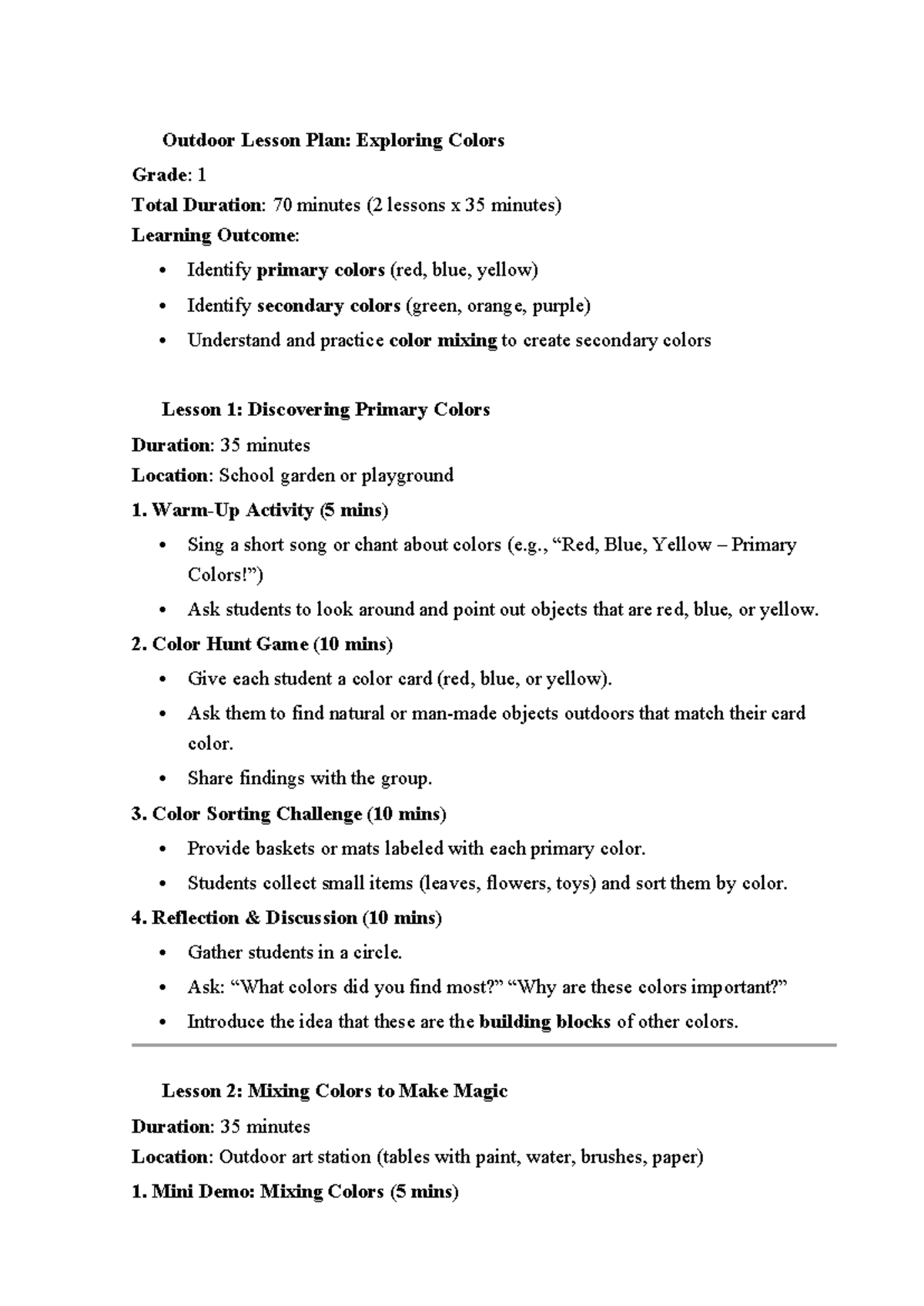 Unit 1 - 🎨 Outdoor Lesson Plan: Exploring Primary & Secondary Colors ...