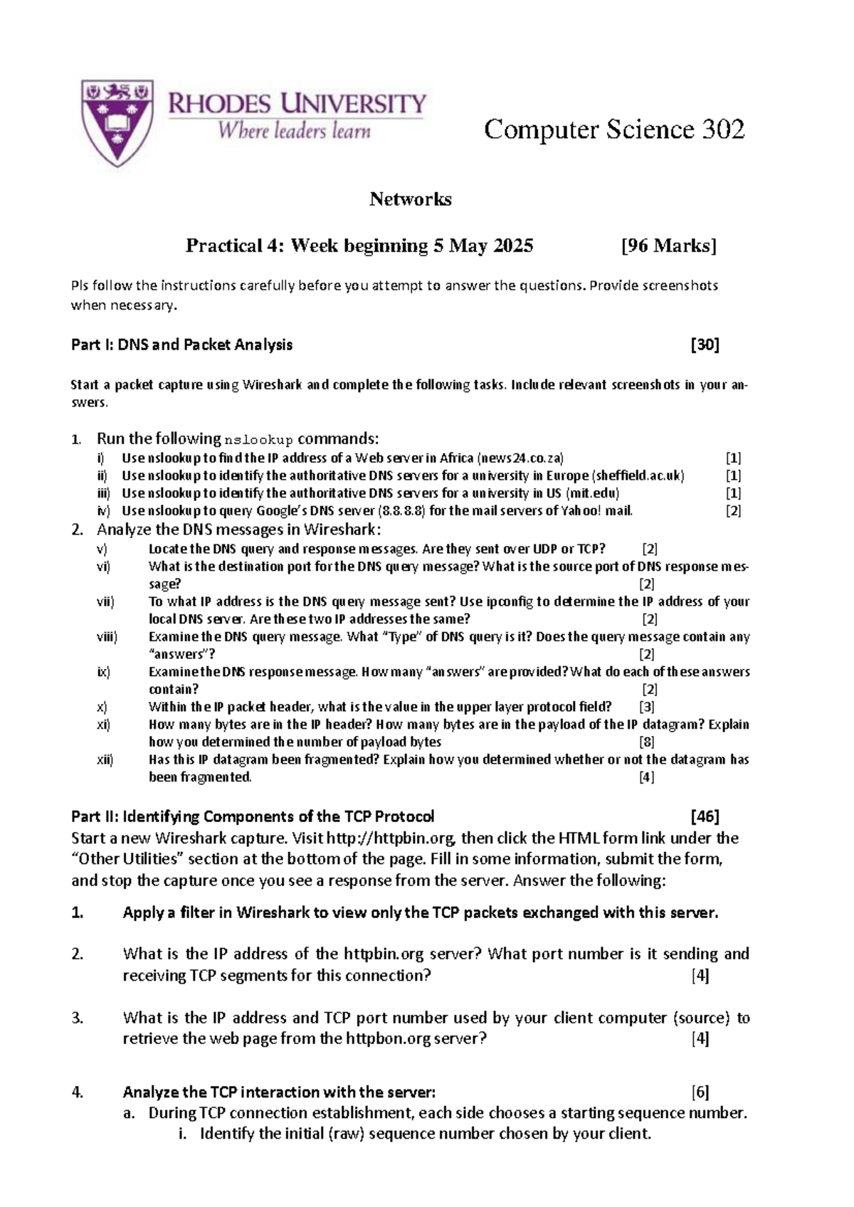 CS 302 Networks Practical 4: DNS & TCP Analysis - Week of May 5, 2025 ...