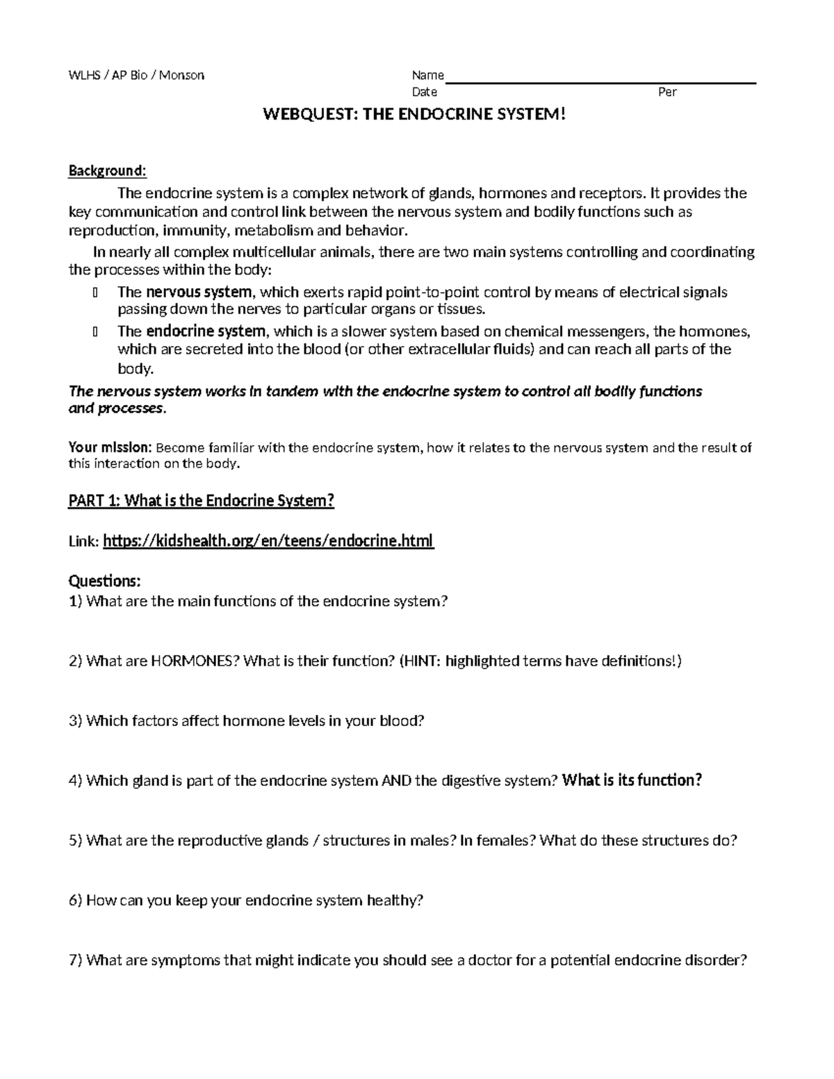 AP Bio Webquest: Understanding the Endocrine System & Homeostasis - Studocu