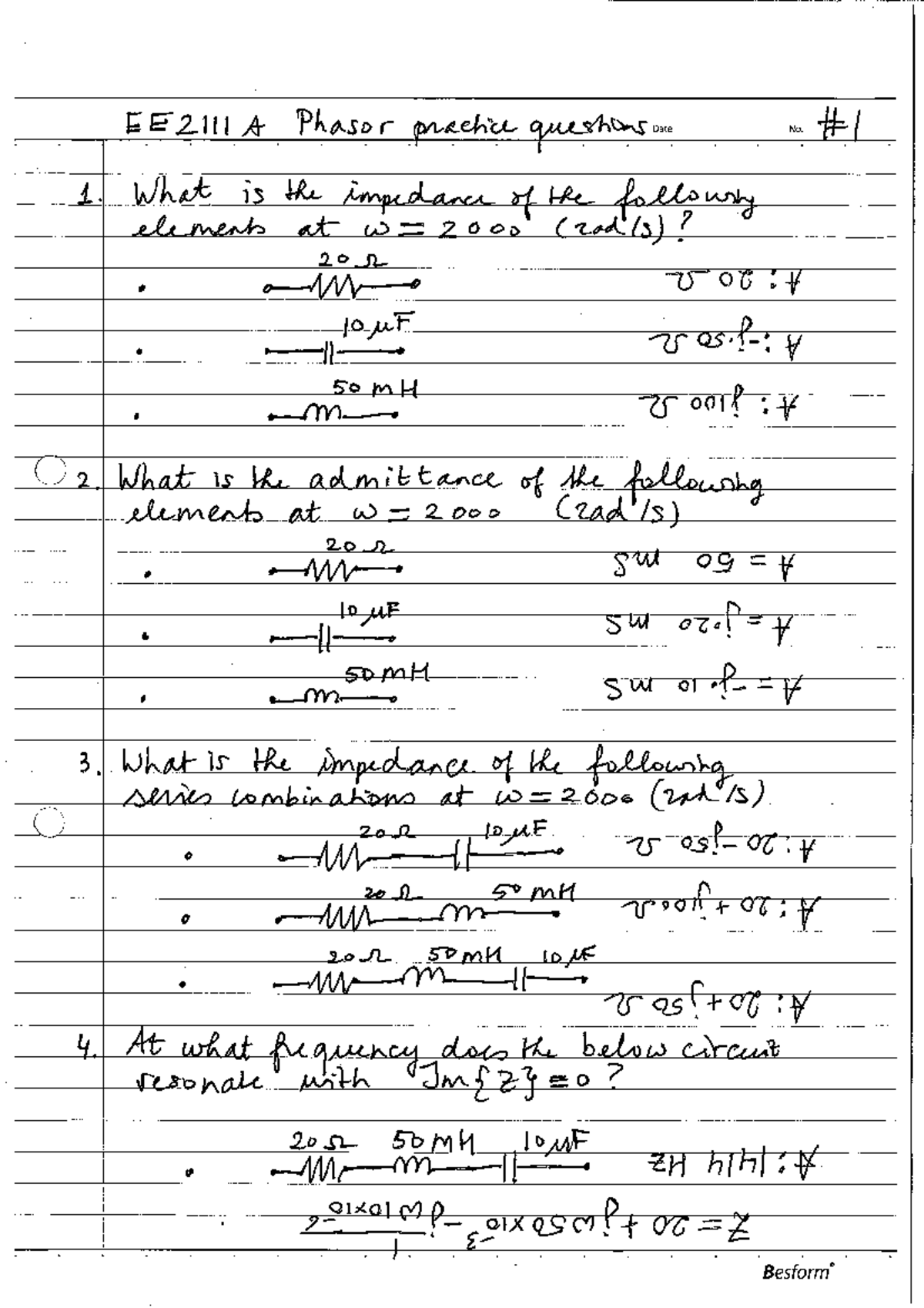 2025.03 - Phasor Practice Questions and Impedance Calculations - Studocu