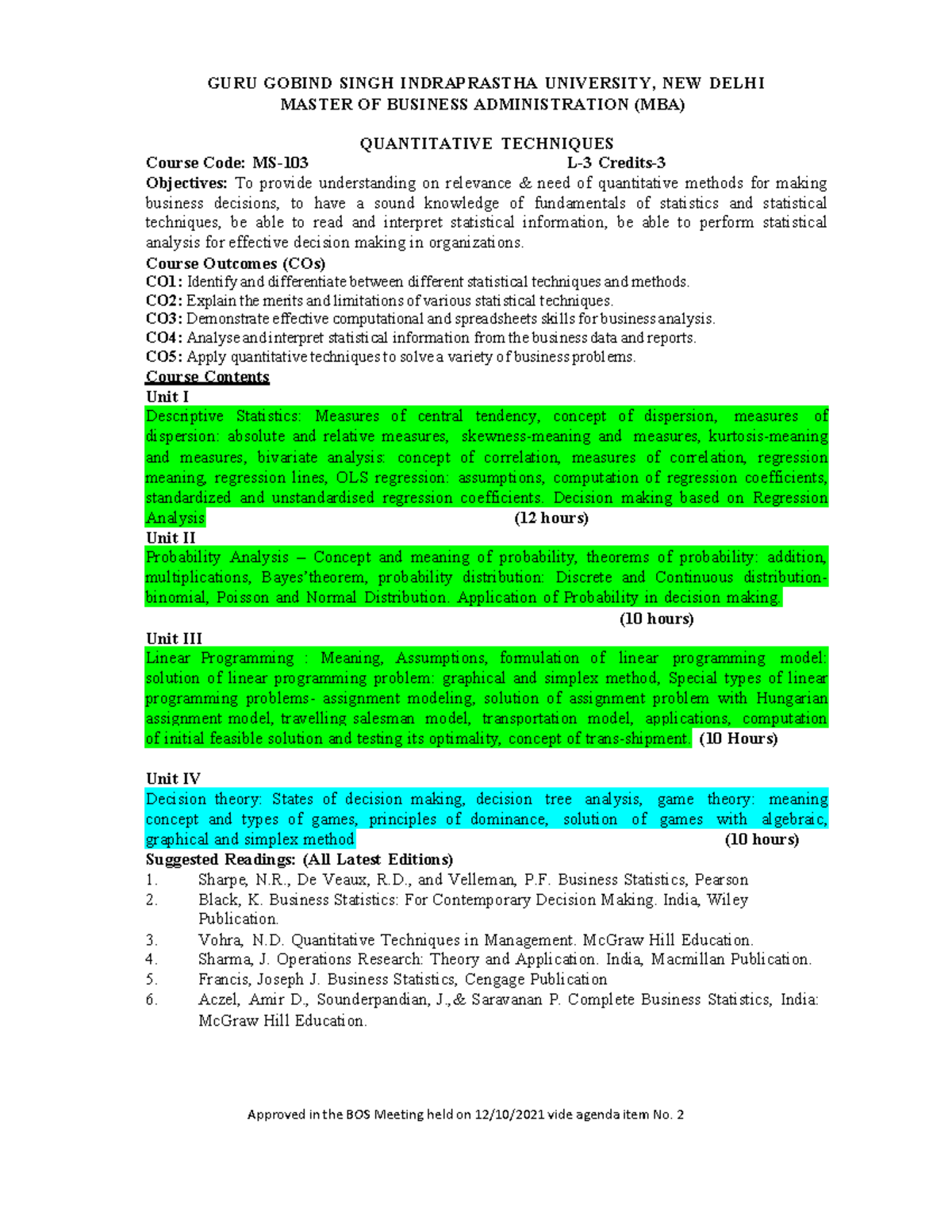 MBA Quantitative Techniques Syllabus 21-22-19: Course Overview and ...