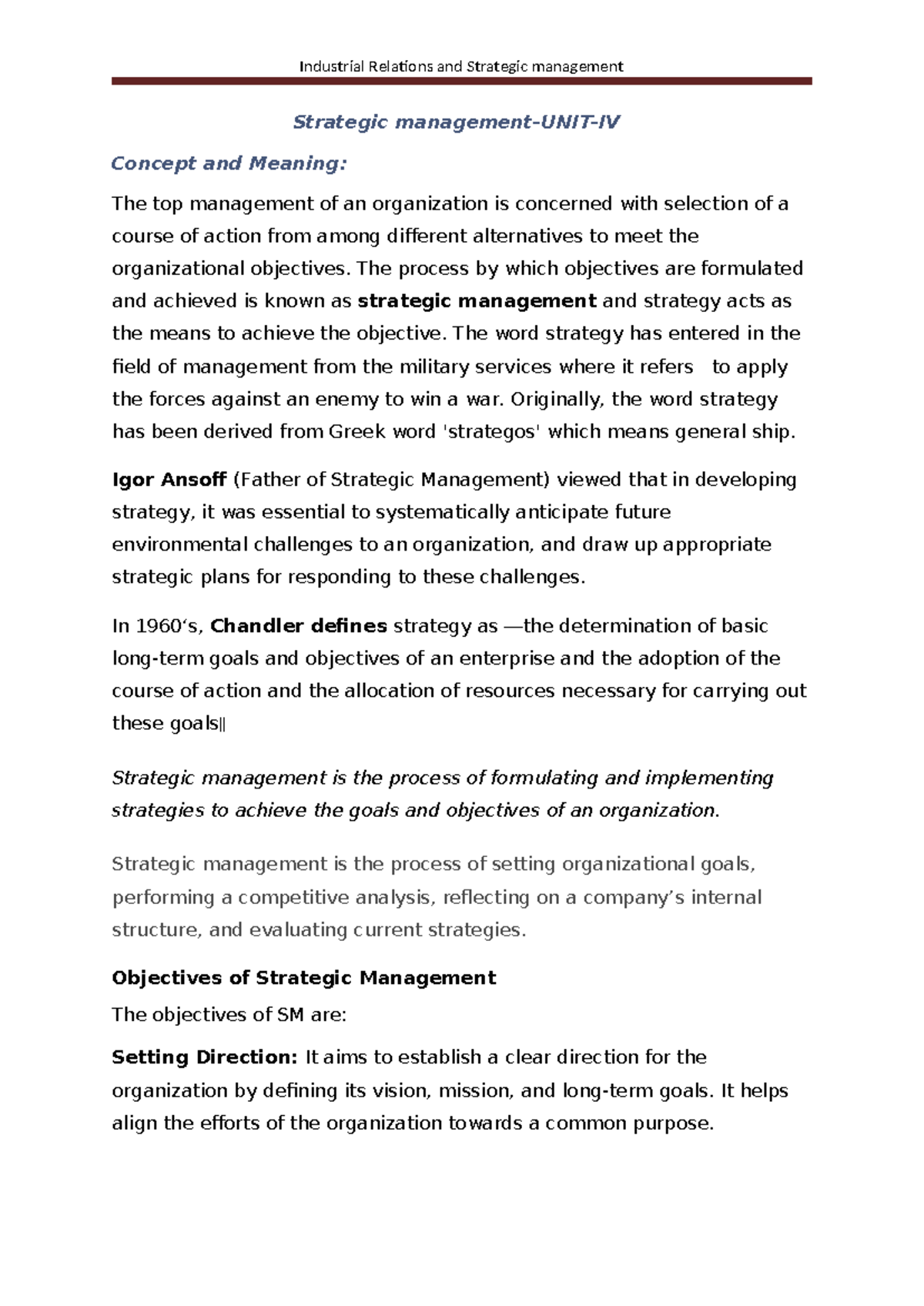 Strategic Management Overview - Unit IV Concepts and Objectives - Studocu