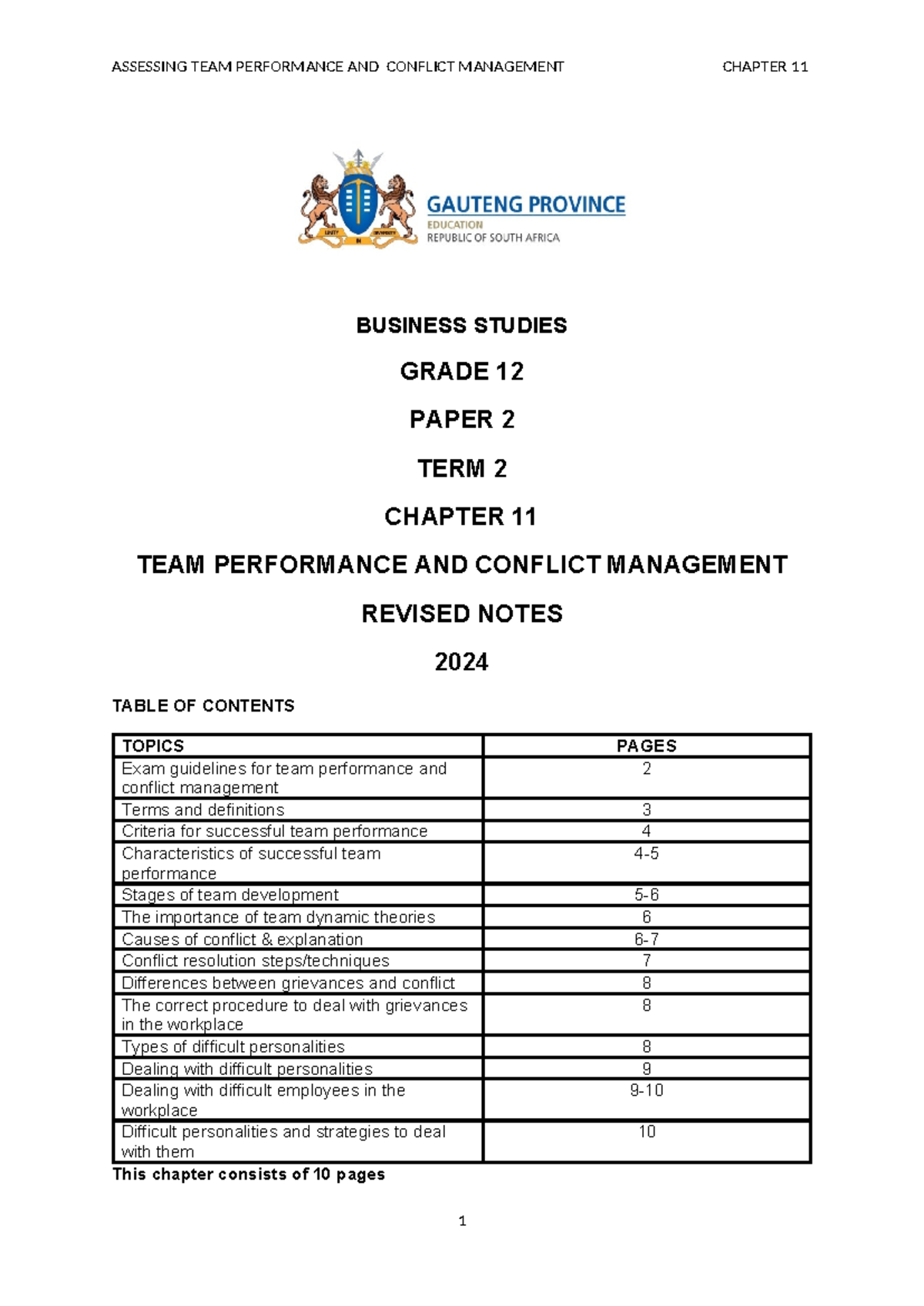 BSTD G12 Term 2 Revised Notes: Team Performance & Conflict Management ...