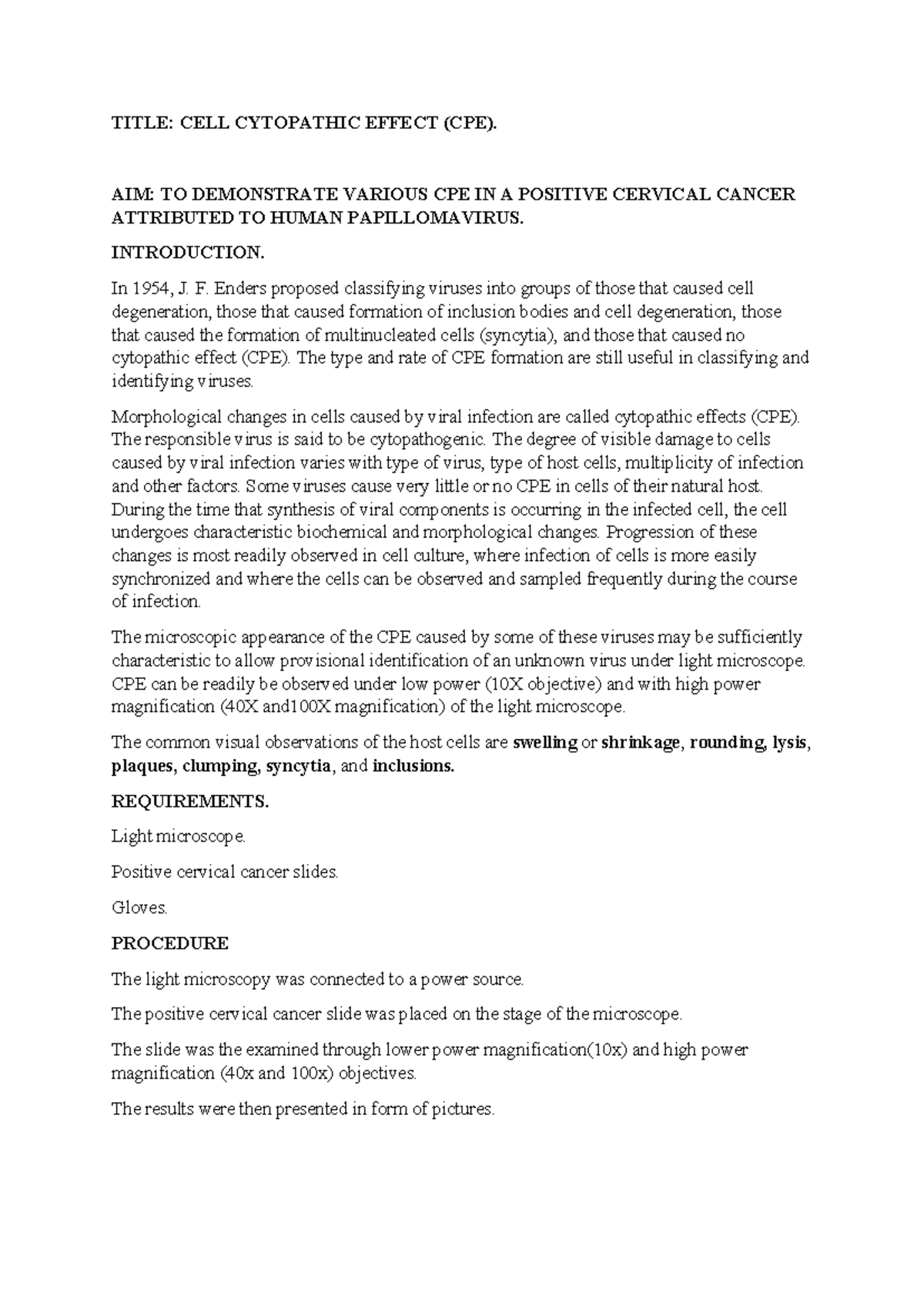 CELL Cytophatic Effects - TITLE: CELL CYTOPATHIC EFFECT (CPE). AIM: TO ...