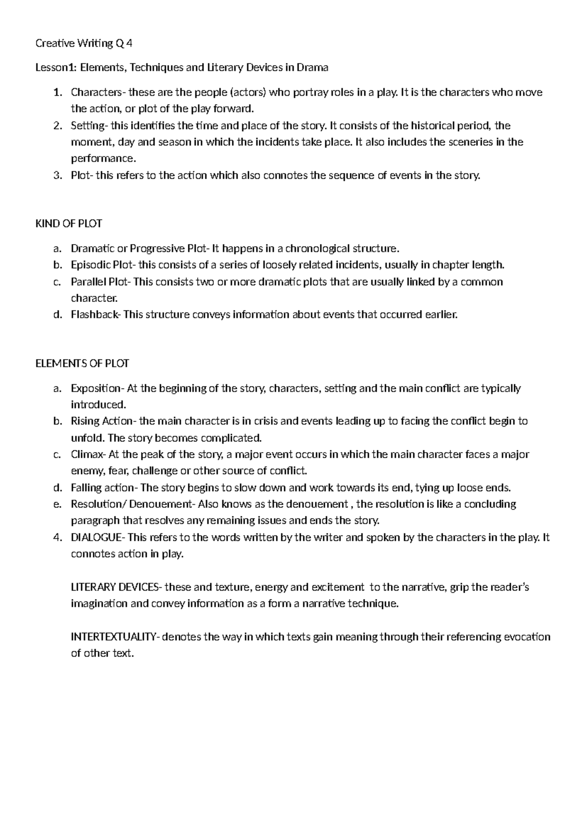 Creative Writing Q4 Lesson 1: Key Elements & Techniques in Drama - Studocu