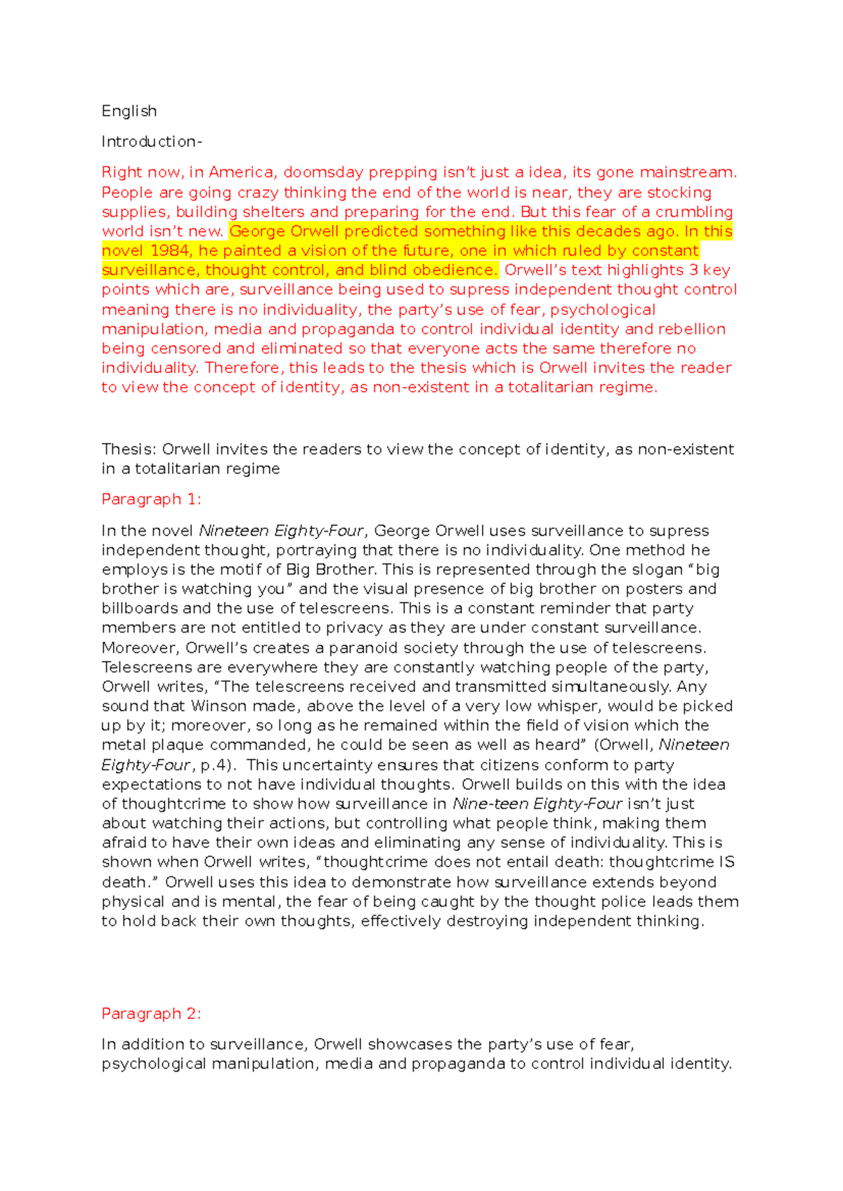 ENG 101: Detailed Overview of George Orwell's 1984 - Studocu
