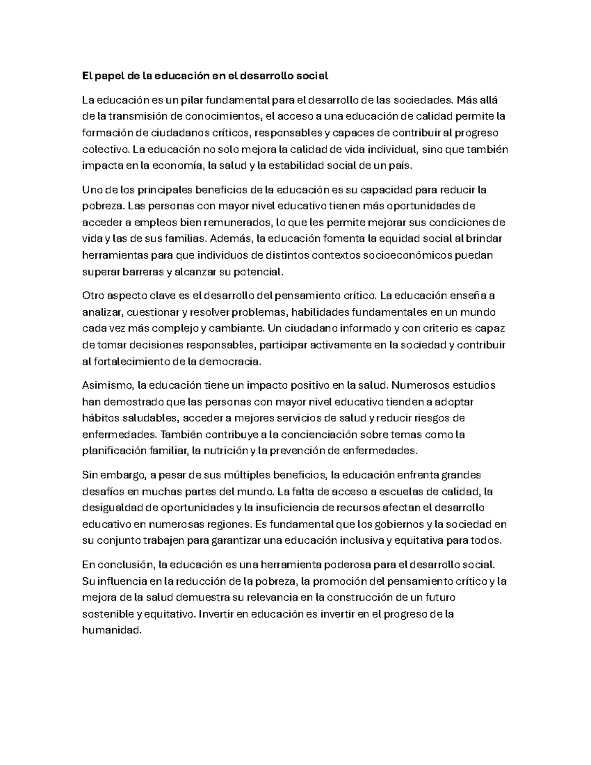 El papel de la educación en el desarrollo social - El papel de la ...