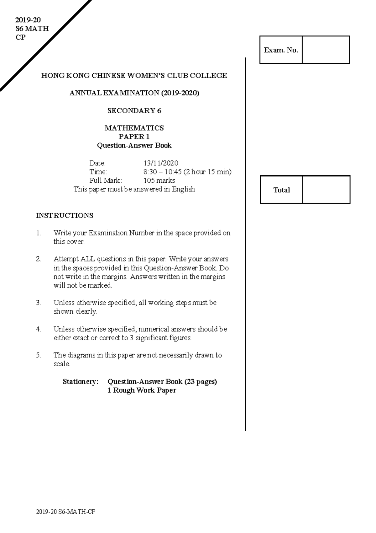 S6 MATH CP Annual Exam Paper 1 - Hong Kong Chinese Club College - Studocu