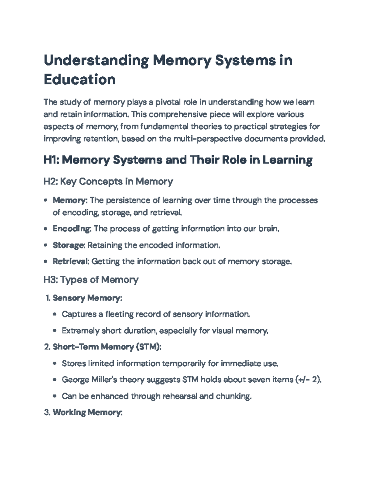 Memory Systems and Strategies for Effective Learning in Education ...
