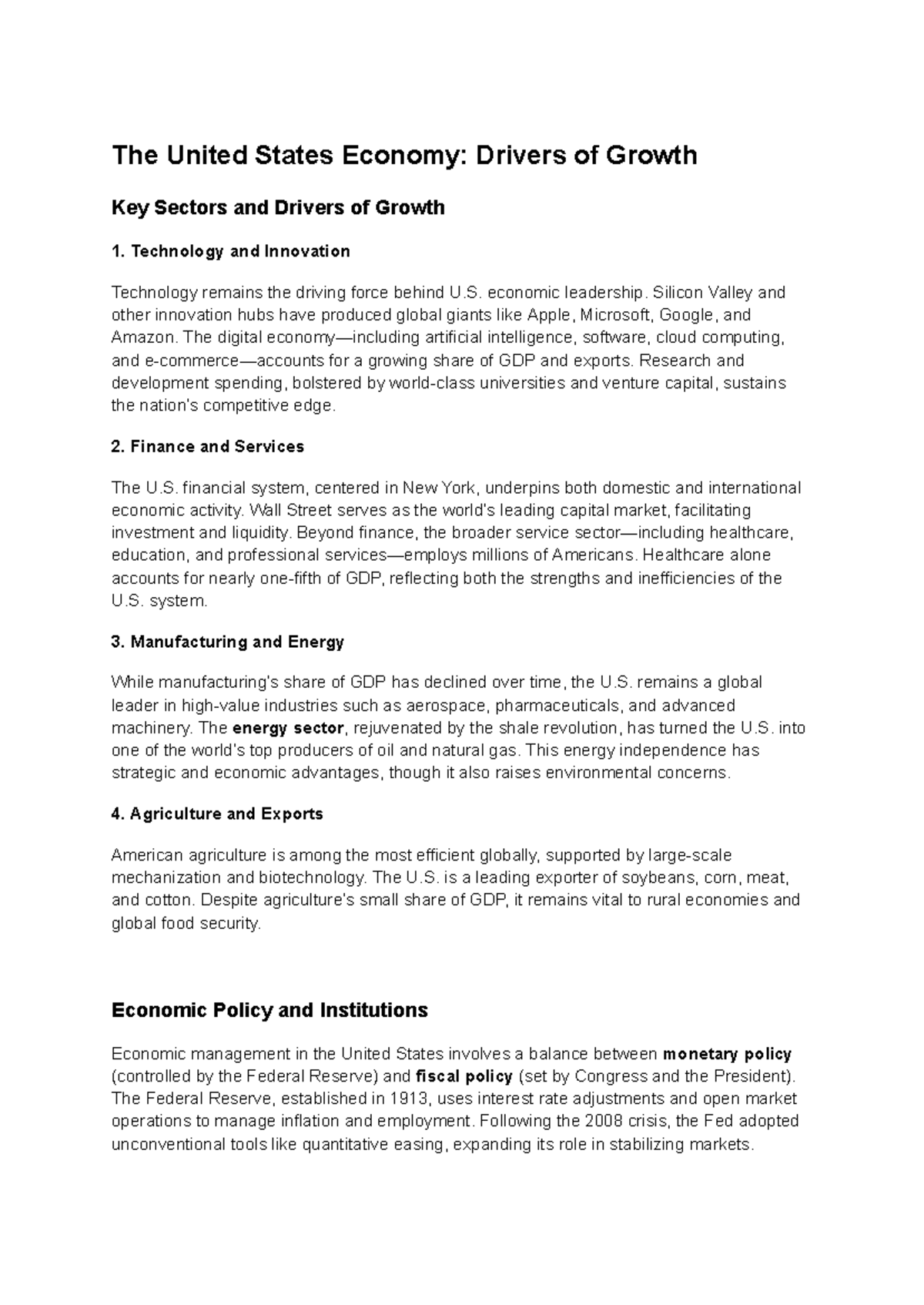 ECON2102: Key Drivers of Growth in the U.S. Economy - Studocu
