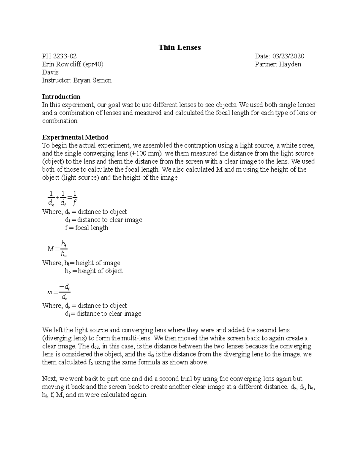 PH 2233-02 Thin Lenses Lab Report: Focal Length Measurements - Studocu