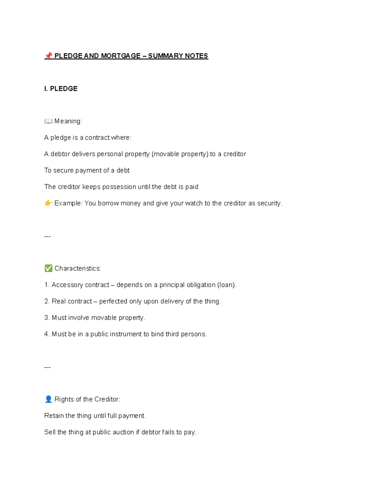 PLEDGE AND MORTGAGE SUMMARY NOTES: Key Concepts and Comparisons - Studocu