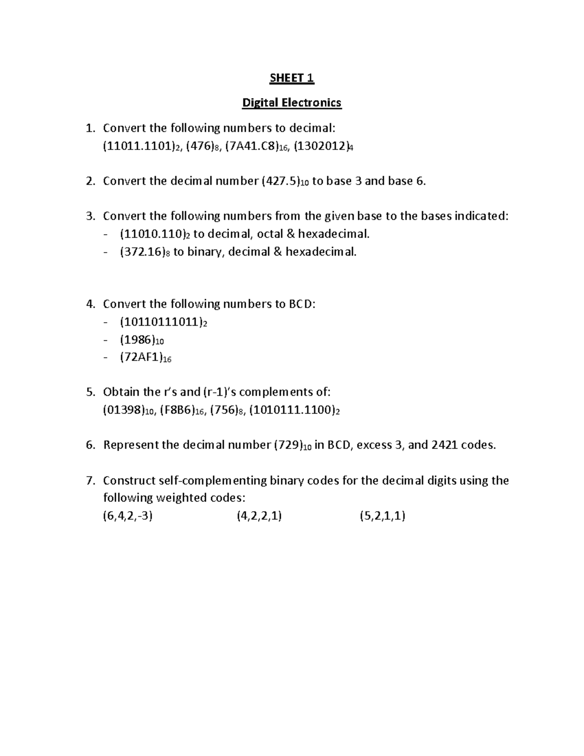 Digital Electronics Sheet 1 - SHEET 1 Digital Electronics Convert the ...