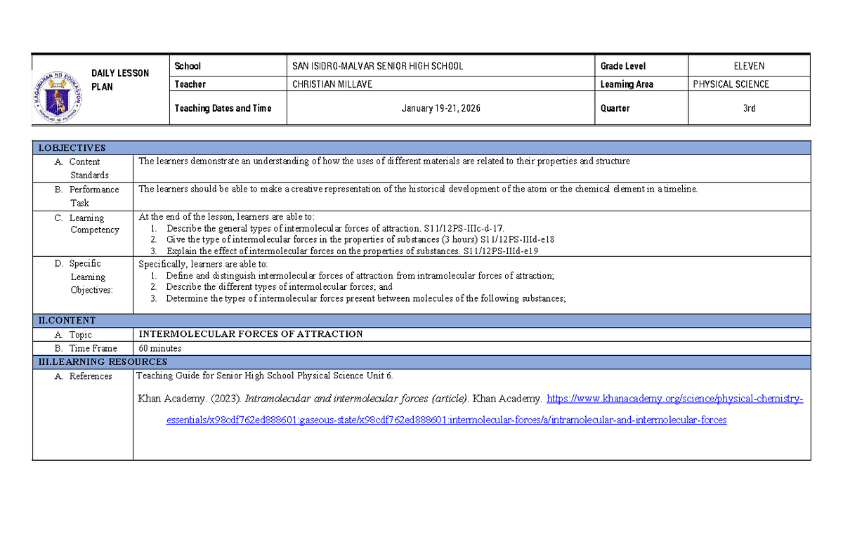 Intermolecular Forces Lesson Plan - 3rd Quarter - Grade 11 - Studocu