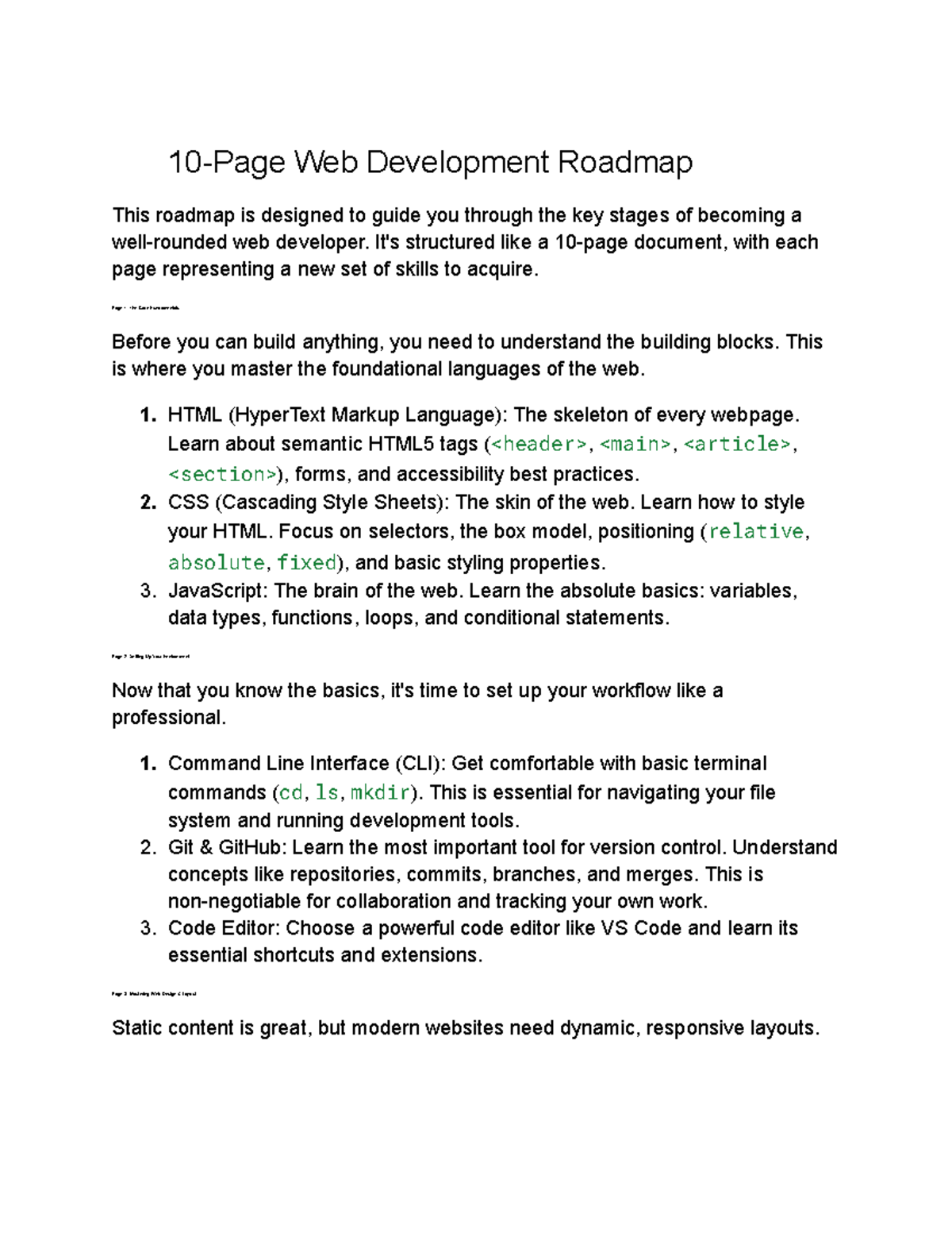 10-Page Web Dev Roadmap: From Basics to Deployment - Studocu