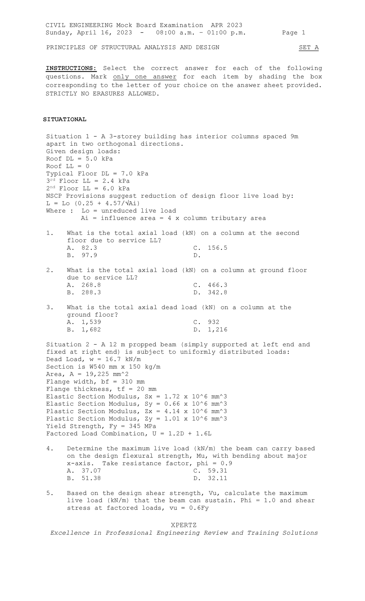 CIVIL ENGINEERING Mock Board Exam Review: Principles of Structural ...