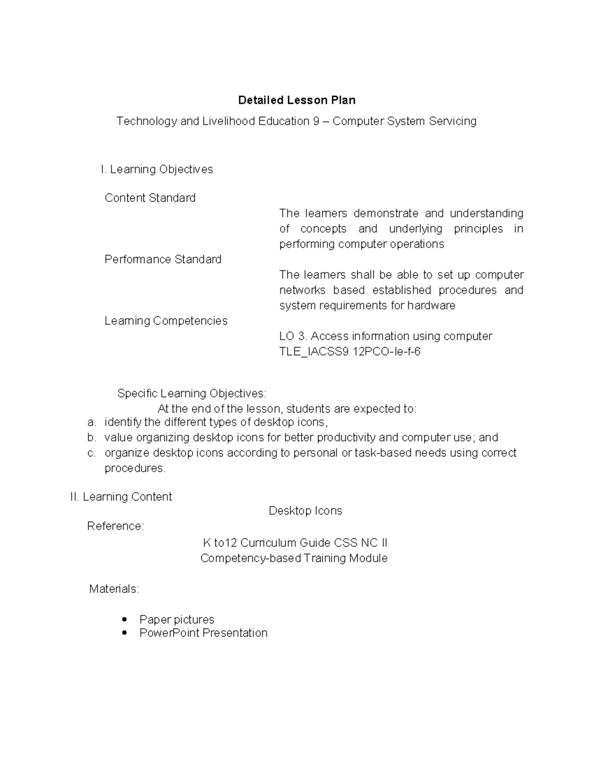 Revised Detailed Lesson Plan: TLE 9 - Computer System Servicing I - Studocu