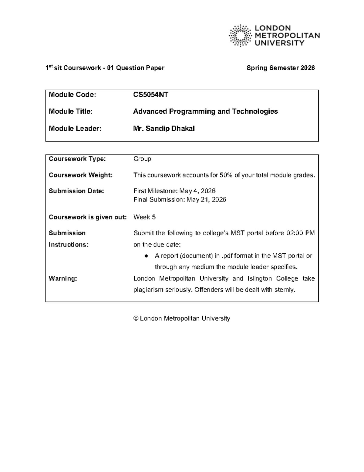 CS5054NT Advanced Programming & Tech Coursework 01 Question Paper - Studocu