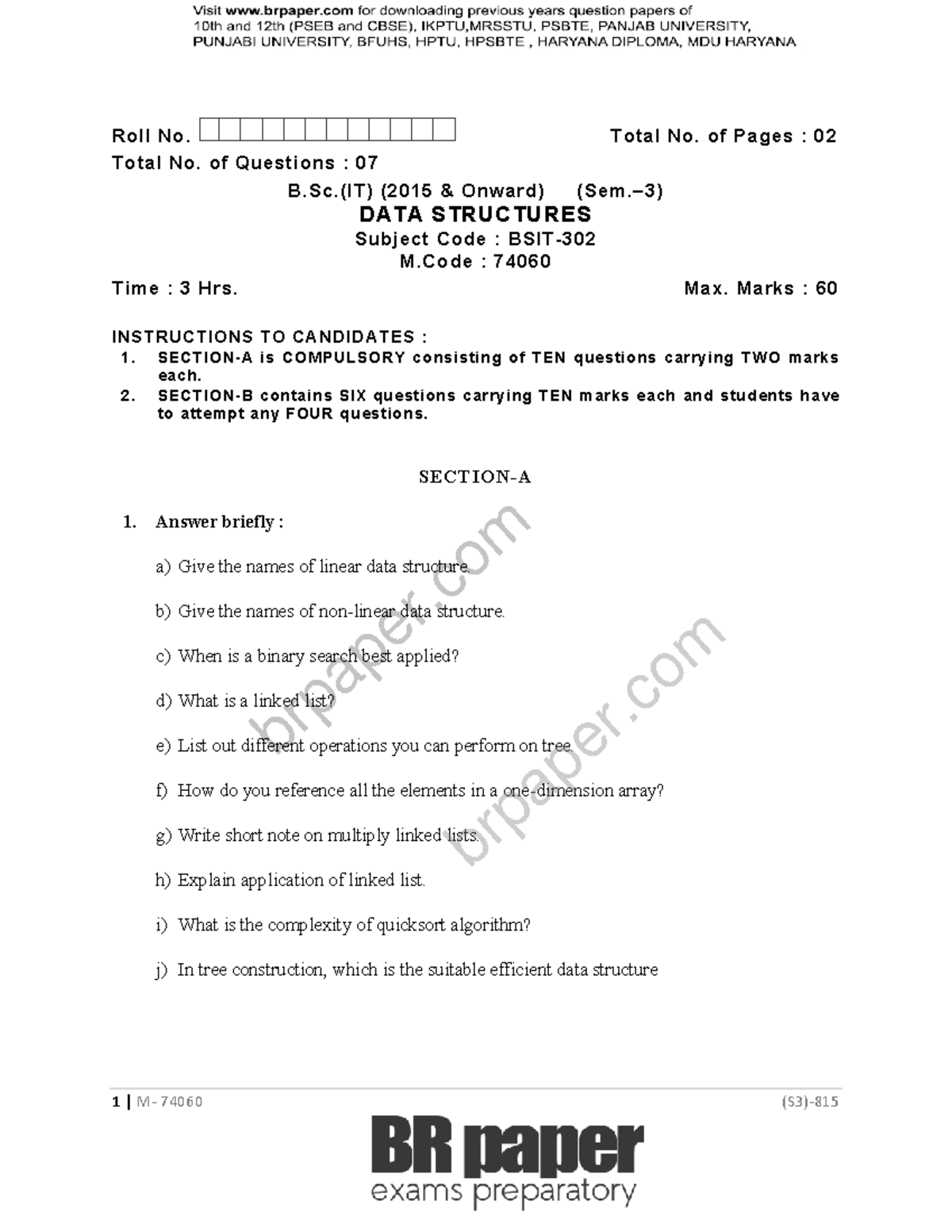 B.Sc.(IT) Sem-3 Final Exam Review: Data Structures (BSIT-302) - Studocu