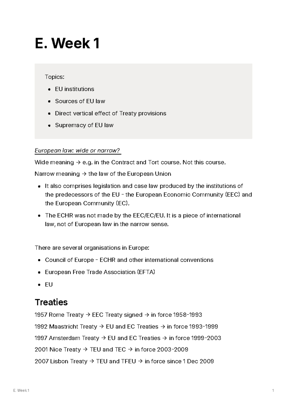 IEL 101 European Law Week 1 Lecture Notes: EU Institutions & Law ...