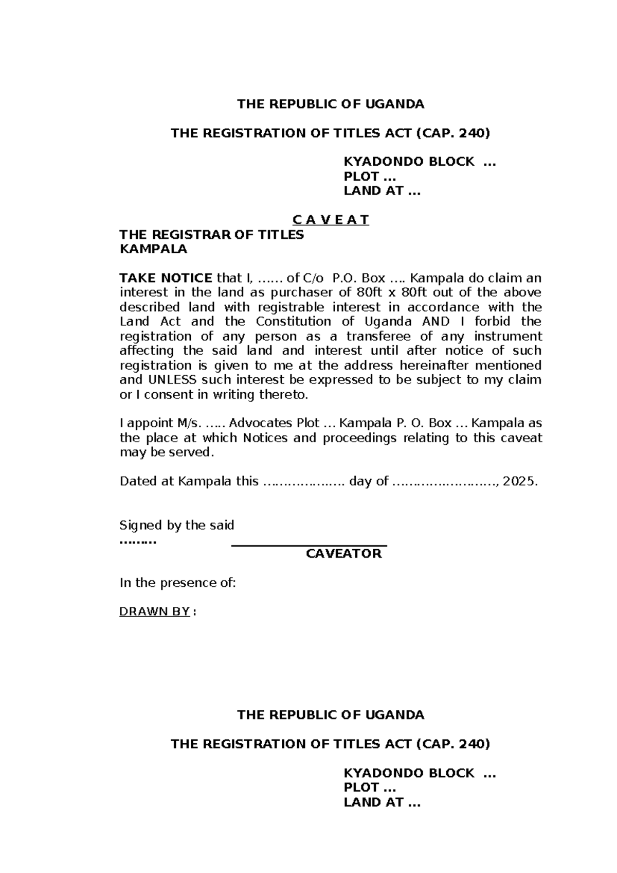 Caveat by Purchaser of Land - Registration of Titles Act (Cap. 240 ...