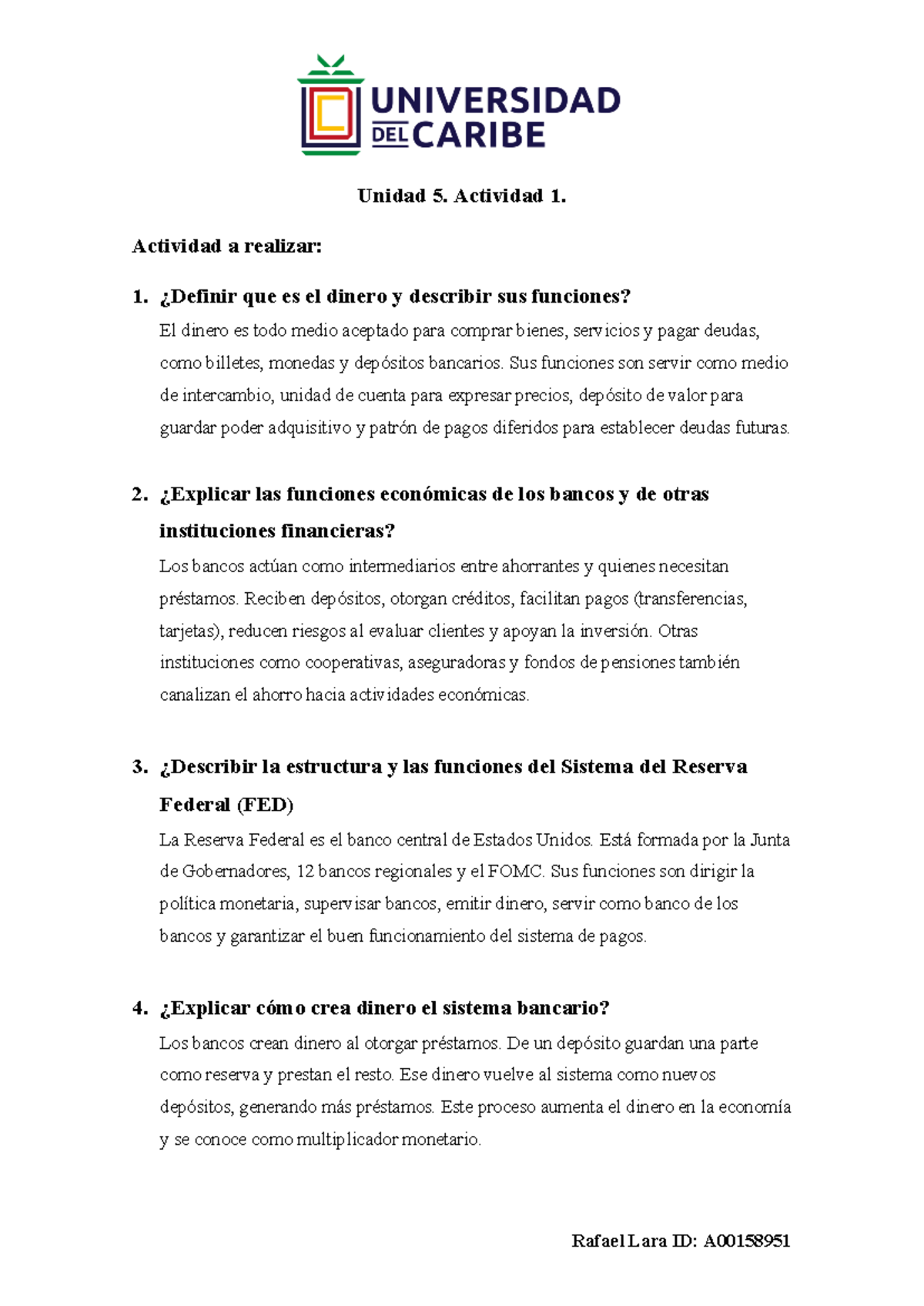 Unidad 5. Actividad 1. El Dinero y sus Funciones Económicas - Studocu