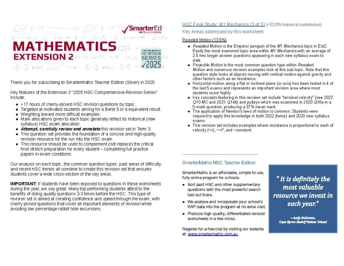 2025 HSC EXT2 M1 Mechanics Final Study Guide - Studocu