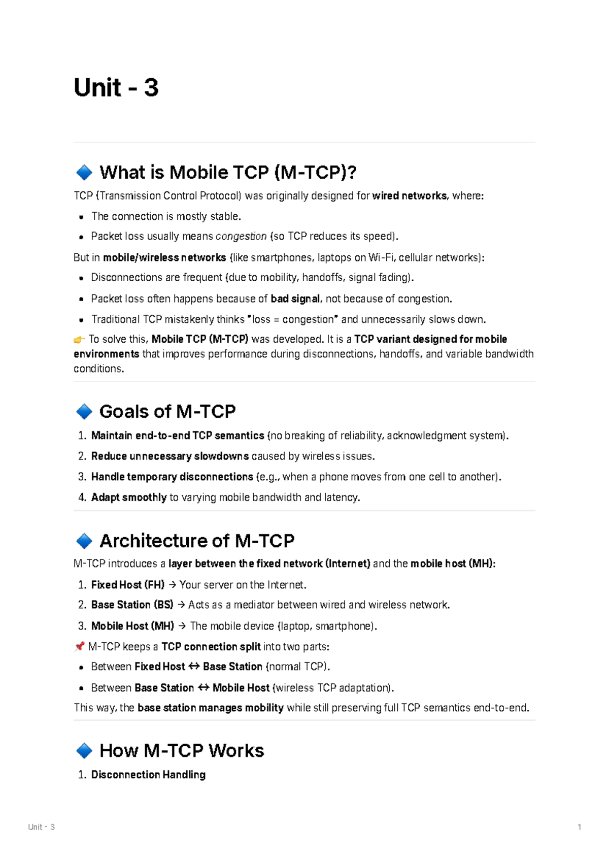 Unit 3: Understanding Mobile TCP and Its Variants - Studocu