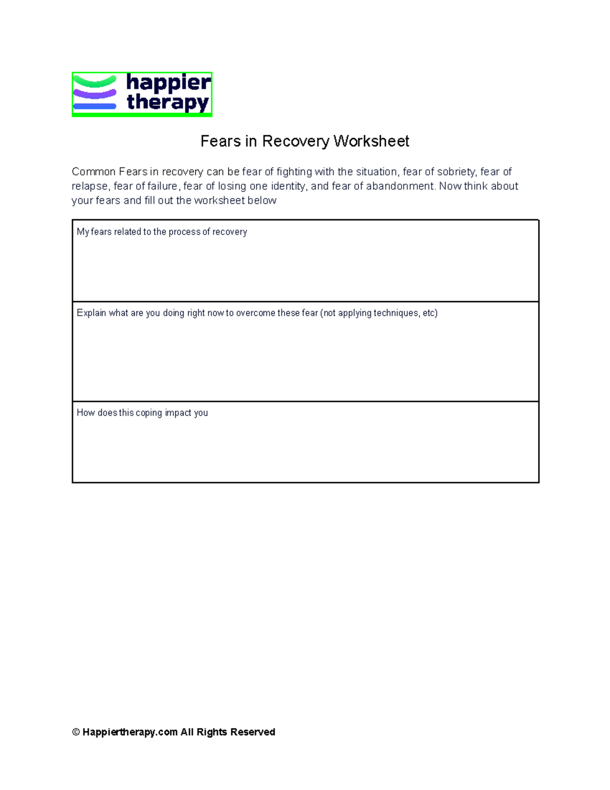Fears in Recovery: Worksheet for Overcoming Challenges Studocu