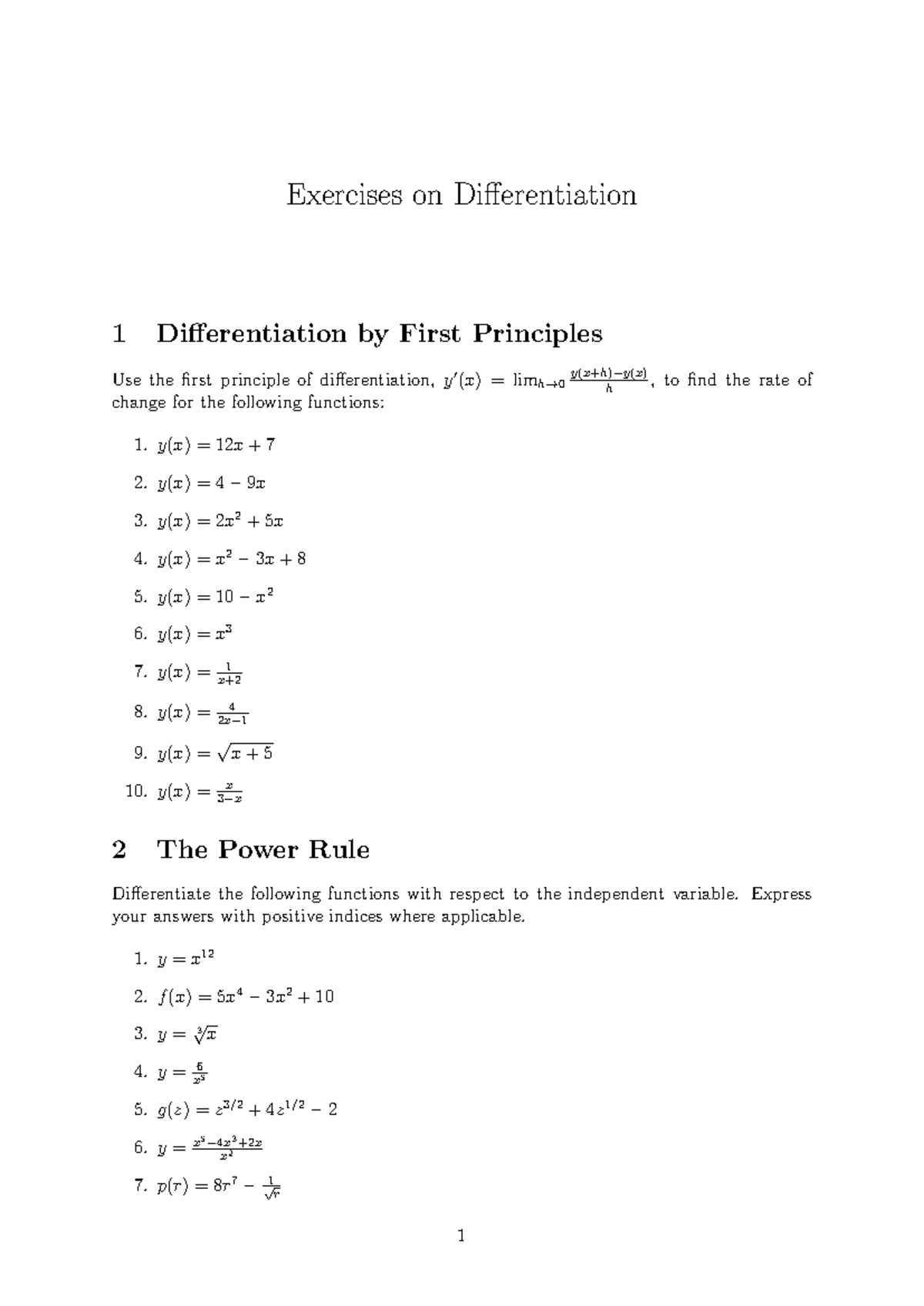 Differentiation Exercises: First Principles, Rules & Applications - Studocu