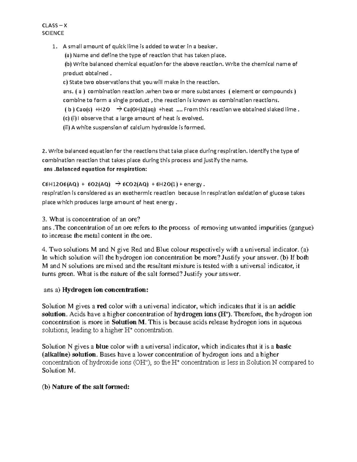 CLASS X SCIENCE: Comprehensive Notes on Key Concepts and Reactions ...