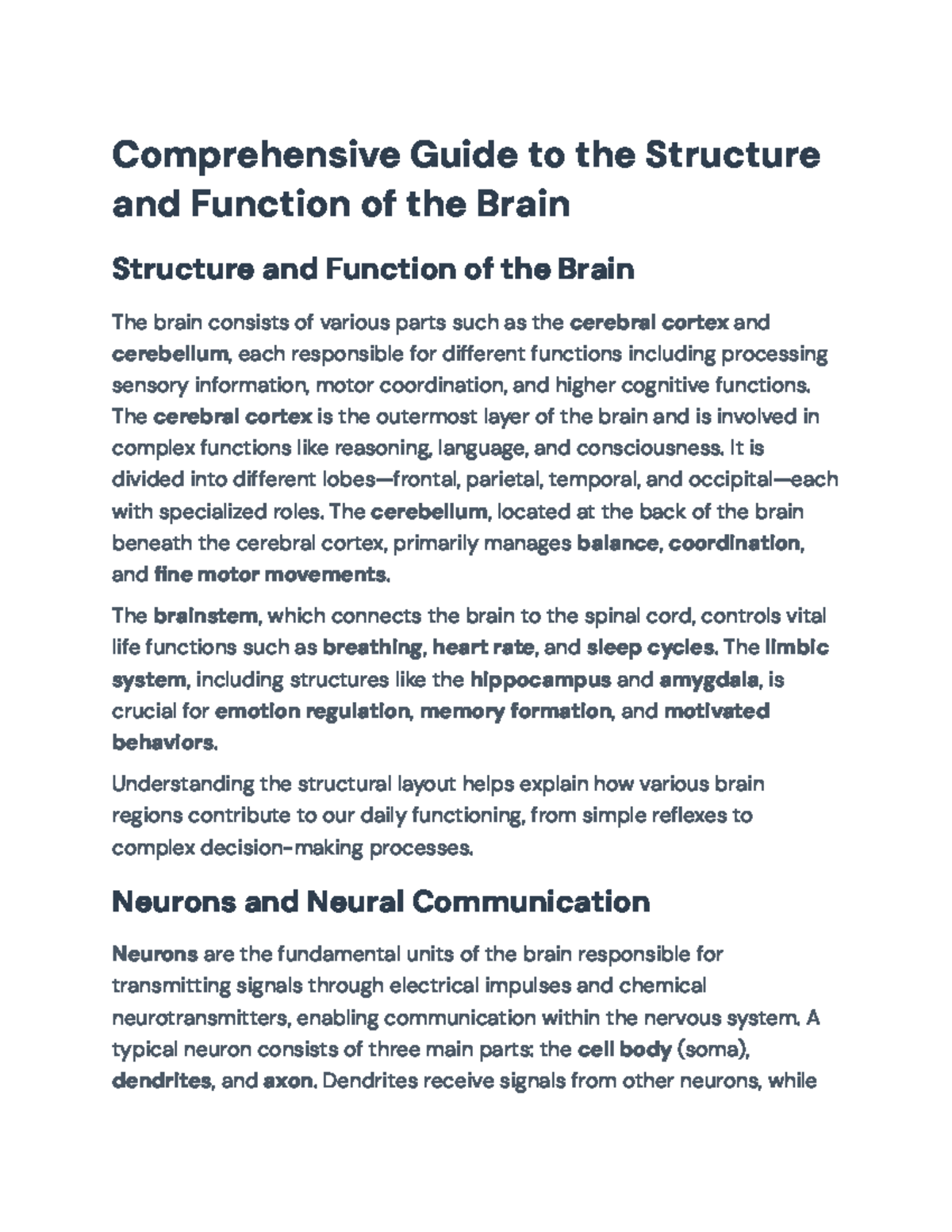 Comprehensive Overview of Brain Structure & Function (PSY 101) - Studocu