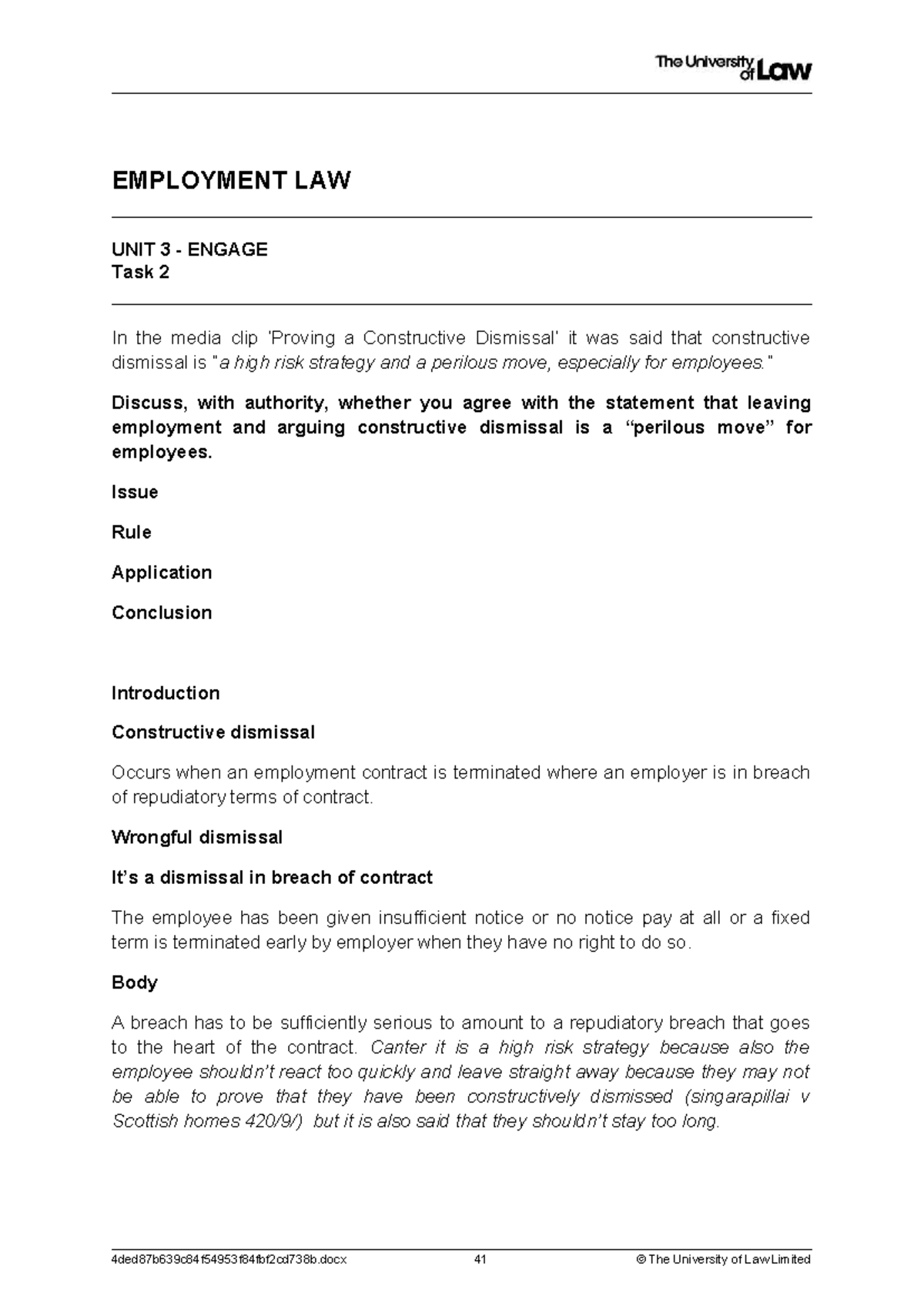 Employment Law Unit 3: Proving Constructive Dismissal Risks - Studocu