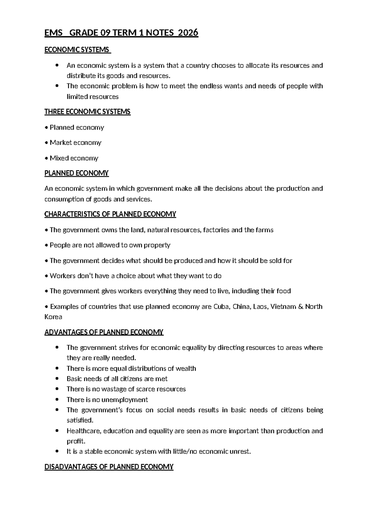 EMS GRADE 09 TERM 1 NOTES 2026: Economic Systems Overview - Studocu