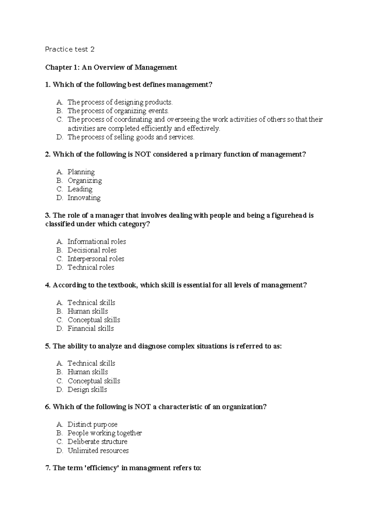 Practice Test 2: Management Overview & Competencies - Studocu