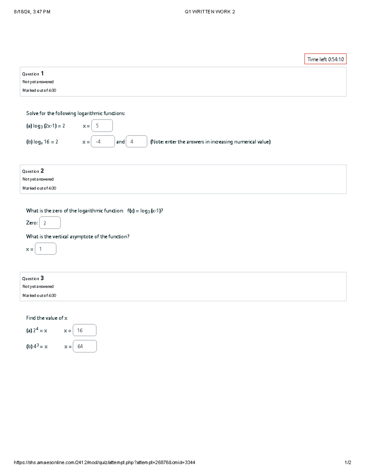 MATH 832390865 Q1 Written Work 2: Logarithmic Functions Analysis - Studocu