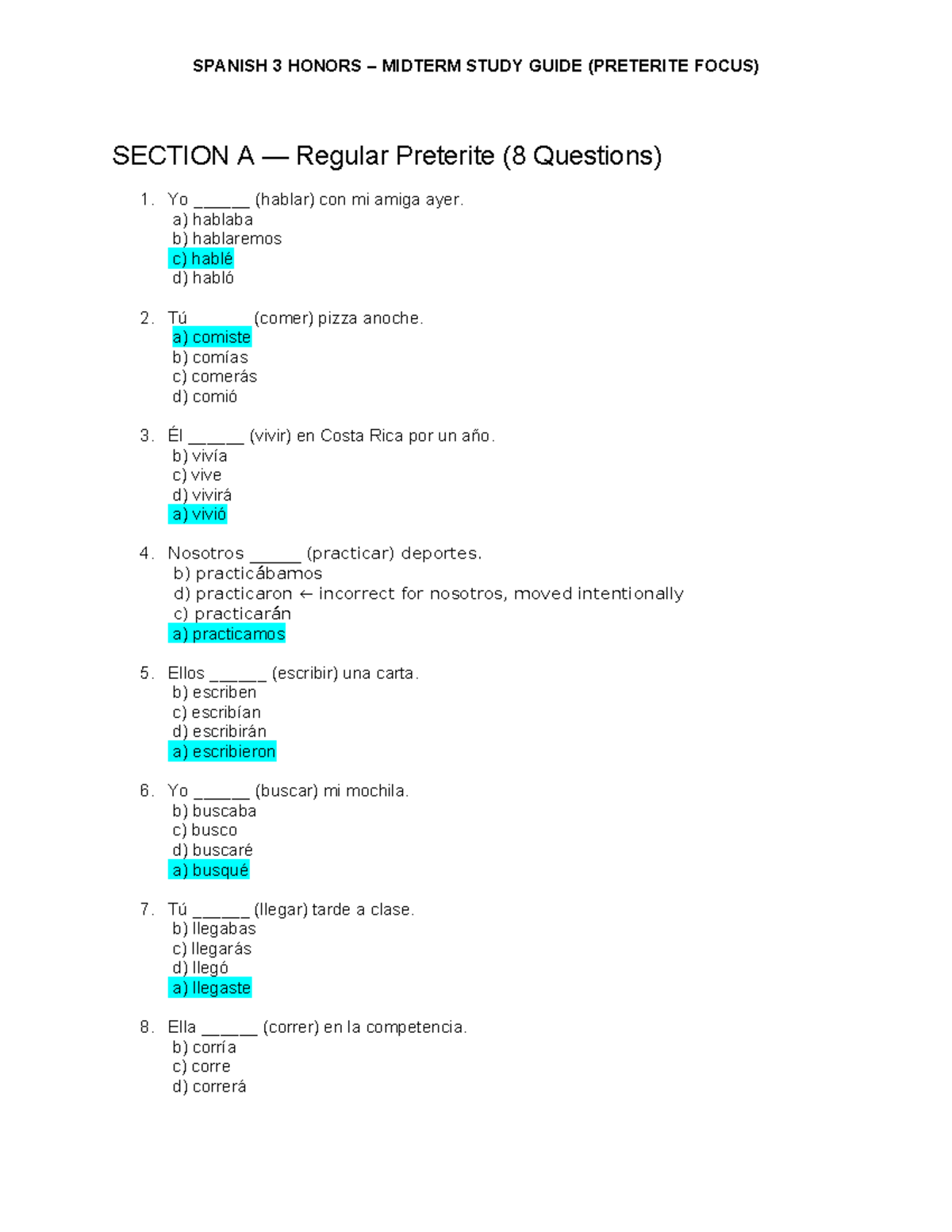 SPANISH 3 HONORS MIDTERM STUDY GUIDE (PRETERITE FOCUS) - Studocu