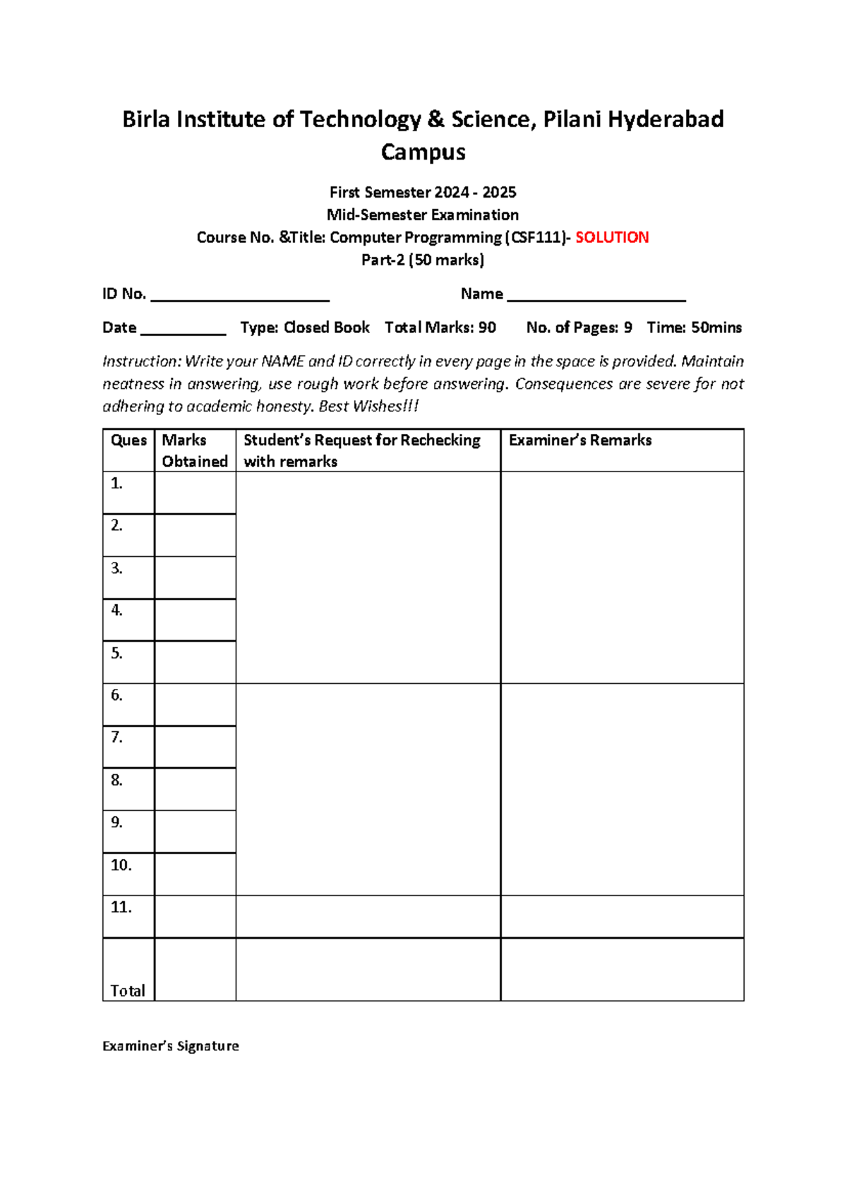 CP 2024-25 Midsem Exam Solutions for Computer Programming - Studocu