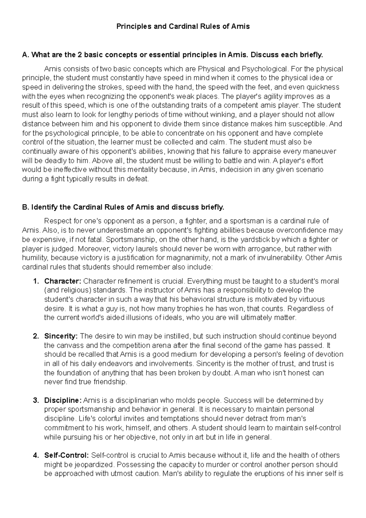 Principles and Cardinal Rules of Arnis: Key Concepts Overview - Studocu