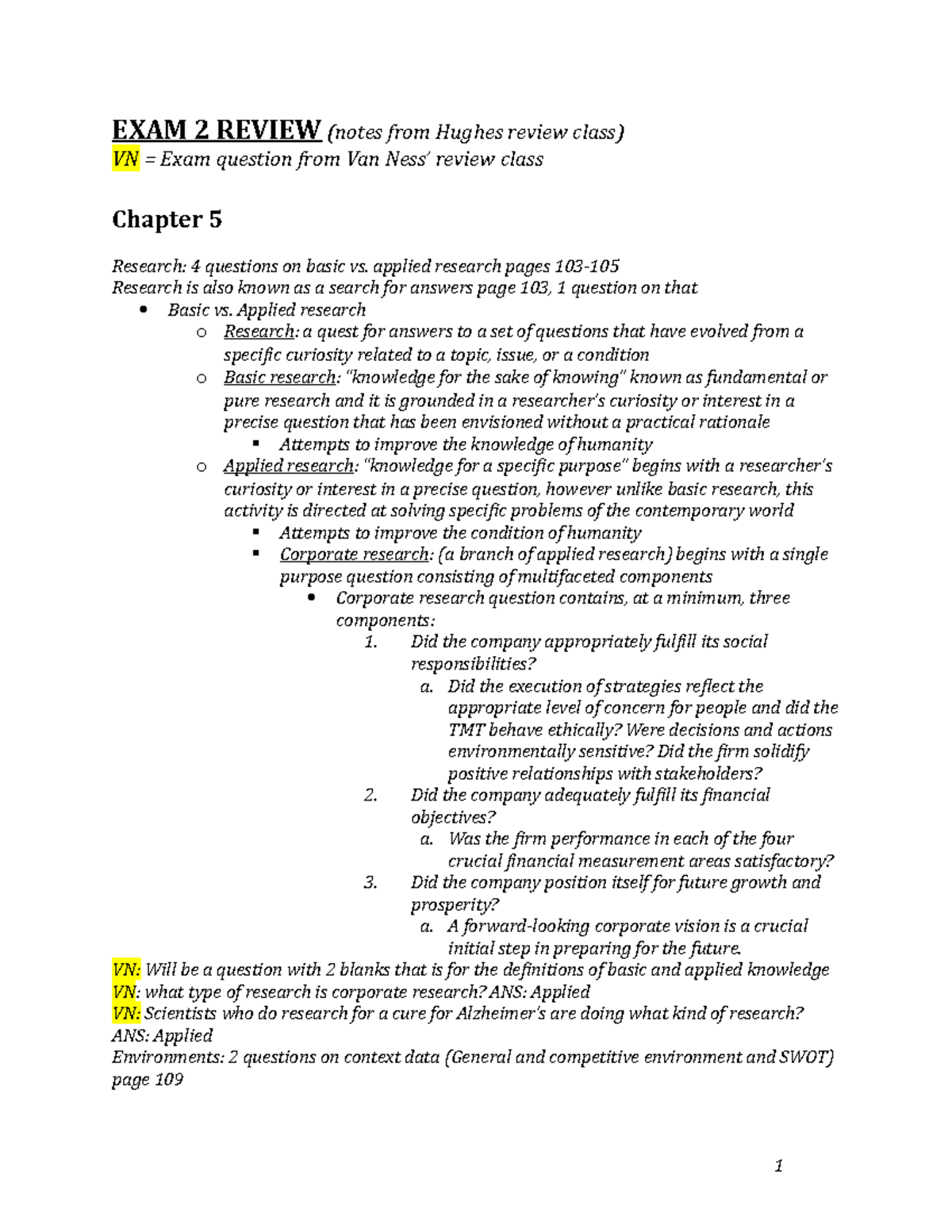 EXAM 2 Review Notes for VN Class - Research, Environment, & Performance ...