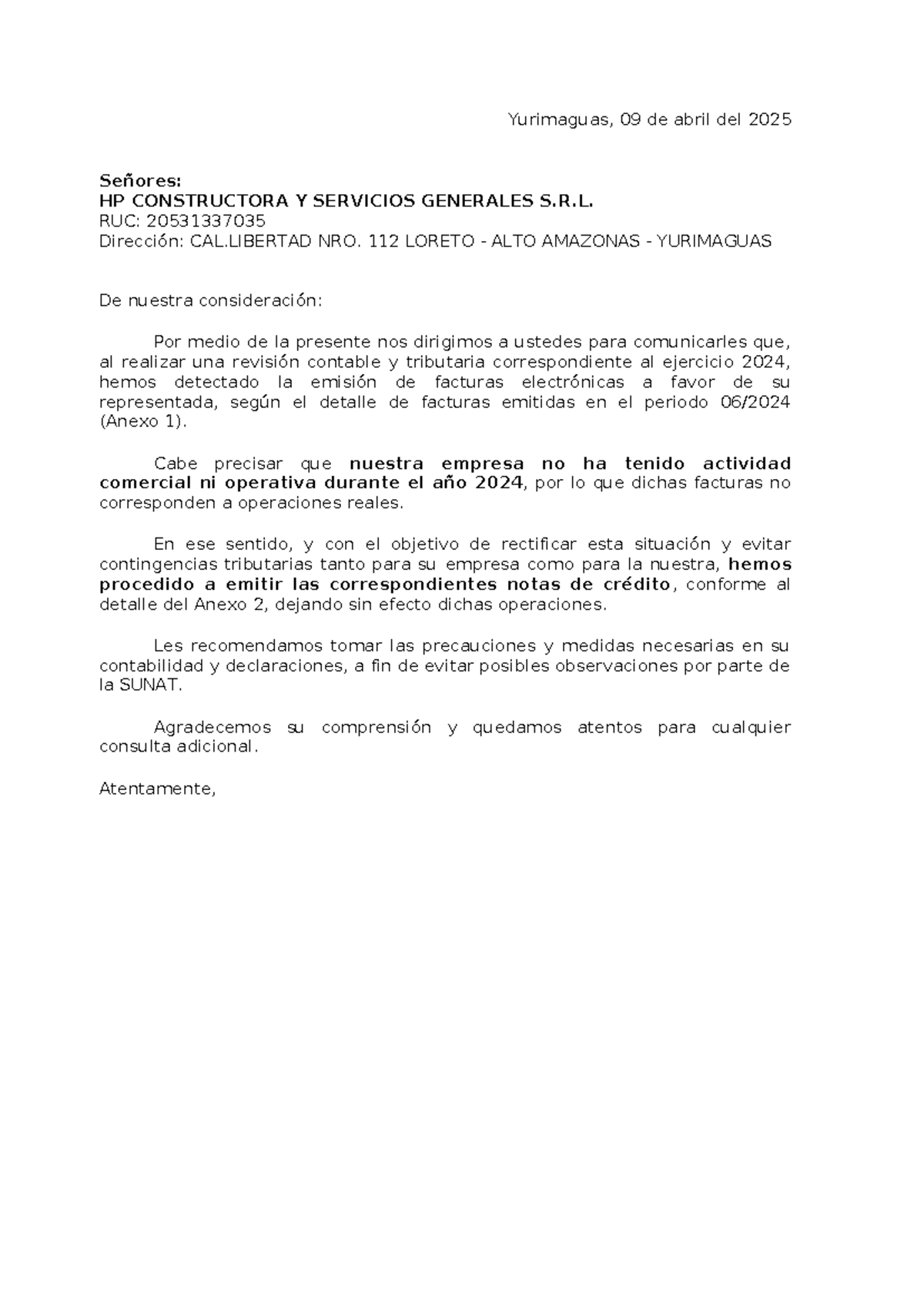 Carta - HP Constructora Y Servicios Generales S - Yurimaguas, 09 de ...